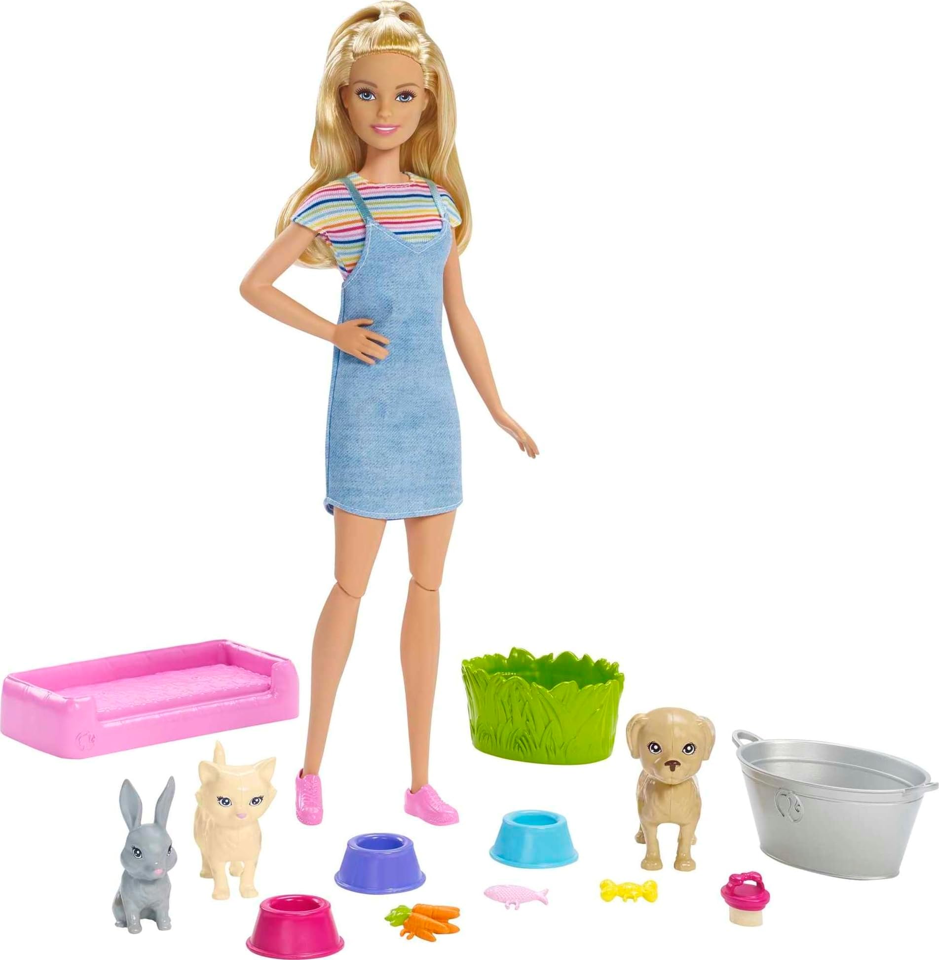 Play 'n Wash Pets Playset with 3 Color-Change Animals & 10 Toy Accessories, Blonde Fashion Doll with Blue Eyes