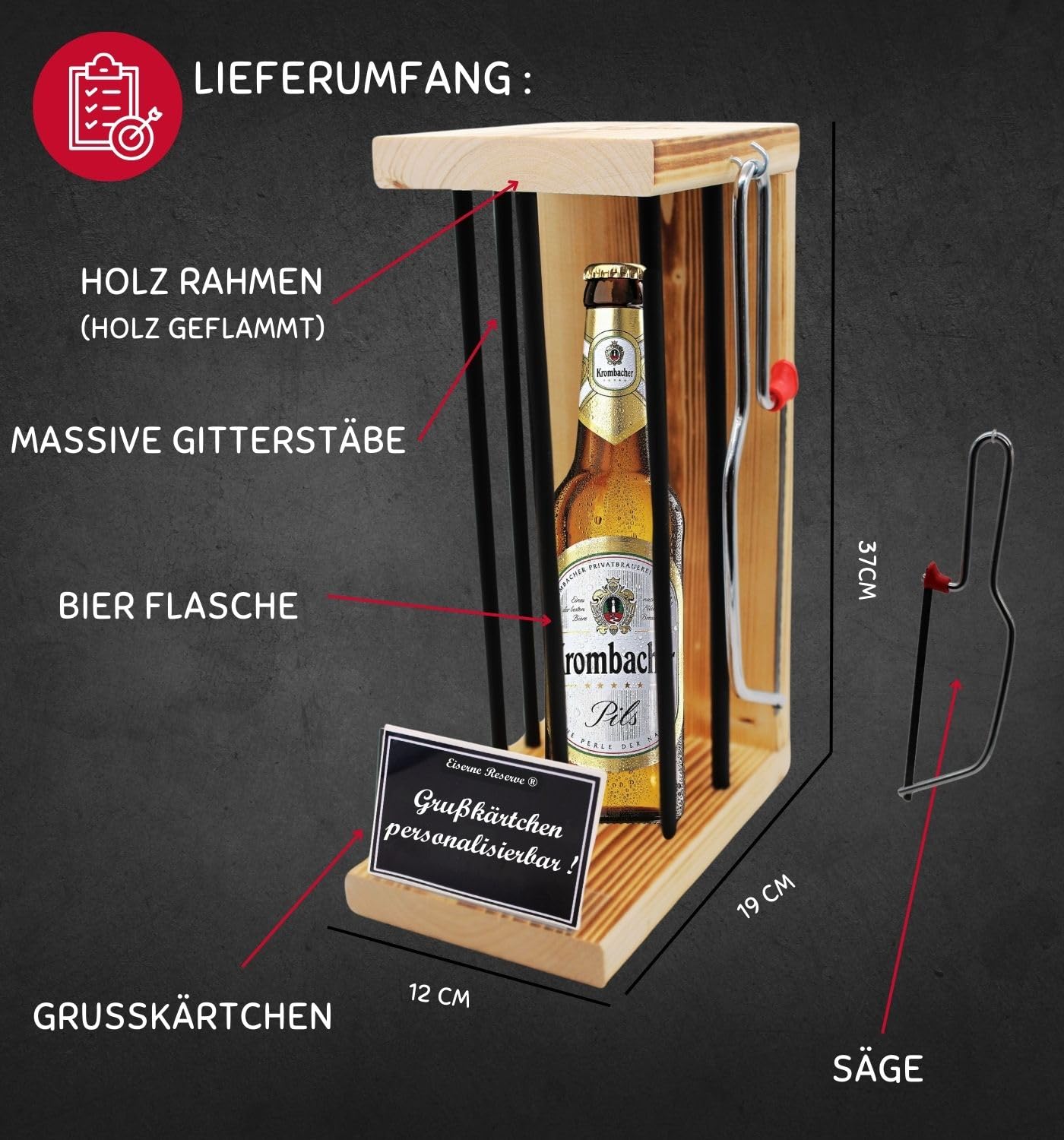 Personalisierte Geschenke für Männer Frauen Geschenkidee - Eiserne Reserve Black Edition Krombacher Pils Bier (1 x 0.5 l) incl. Notsäge - Papa Mama Geburtstag Hochzeit