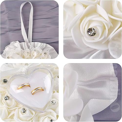 Miniatura 8 de Framendino, Forma de corazón blanco anillo de boda almohada elegante decoración anillo cojín portador caja con lazo de cinta