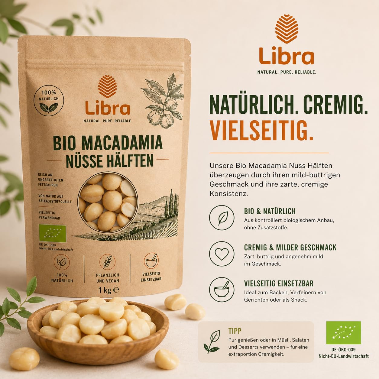 Libra 1kg Macadamia Nüsse Hälften | naturbelassen | Macadamiakerne | Macadamianüsse | roh & ungesalzen | Top Qualität | LIBRA FOOD