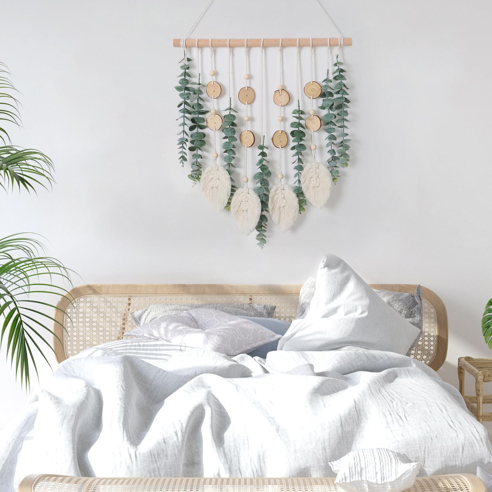Eucalipto artificial para colgar en la pared, decoración de vegetación sintética con tallos de eucalipto falsos, plantas de palo de madera, hojas de macramé, bohemio, bohemio, bohemio, arte de 7