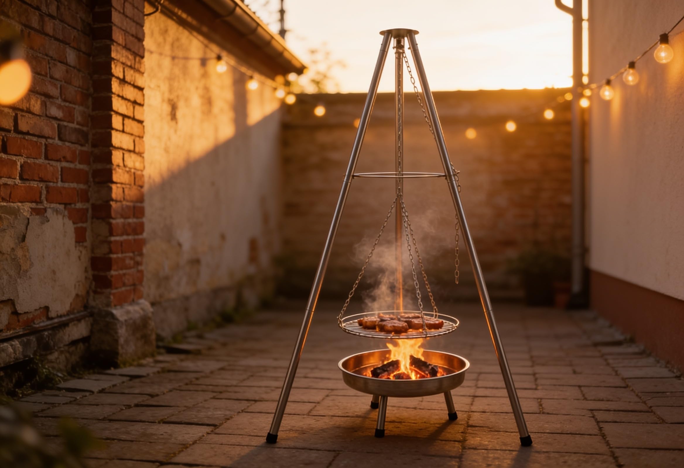 HKG 100 - Schwenkgrill aus Edelstahl mit Feuerschale, Dreibein | Dreibein Schwenker Holzkohlegrill, Höhenverstellbar, Komplett Set, Große Grillfläche Ø 50 cm, Für Camping und Garten