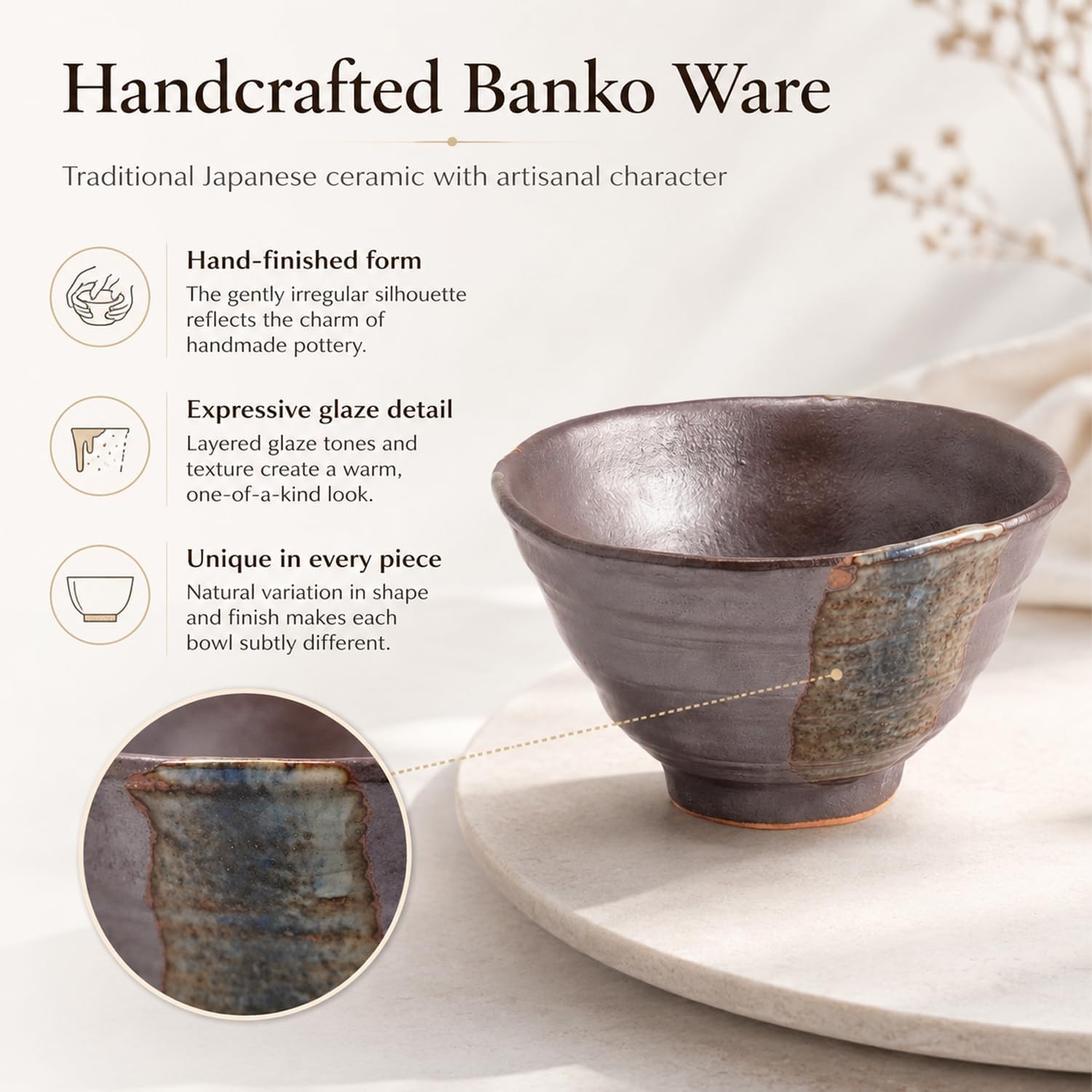 Banko Ware Japanese Rice Bowl, Handmade Ceramic Bowl, Traditional Japanese Tableware, 5.12 in Diameter