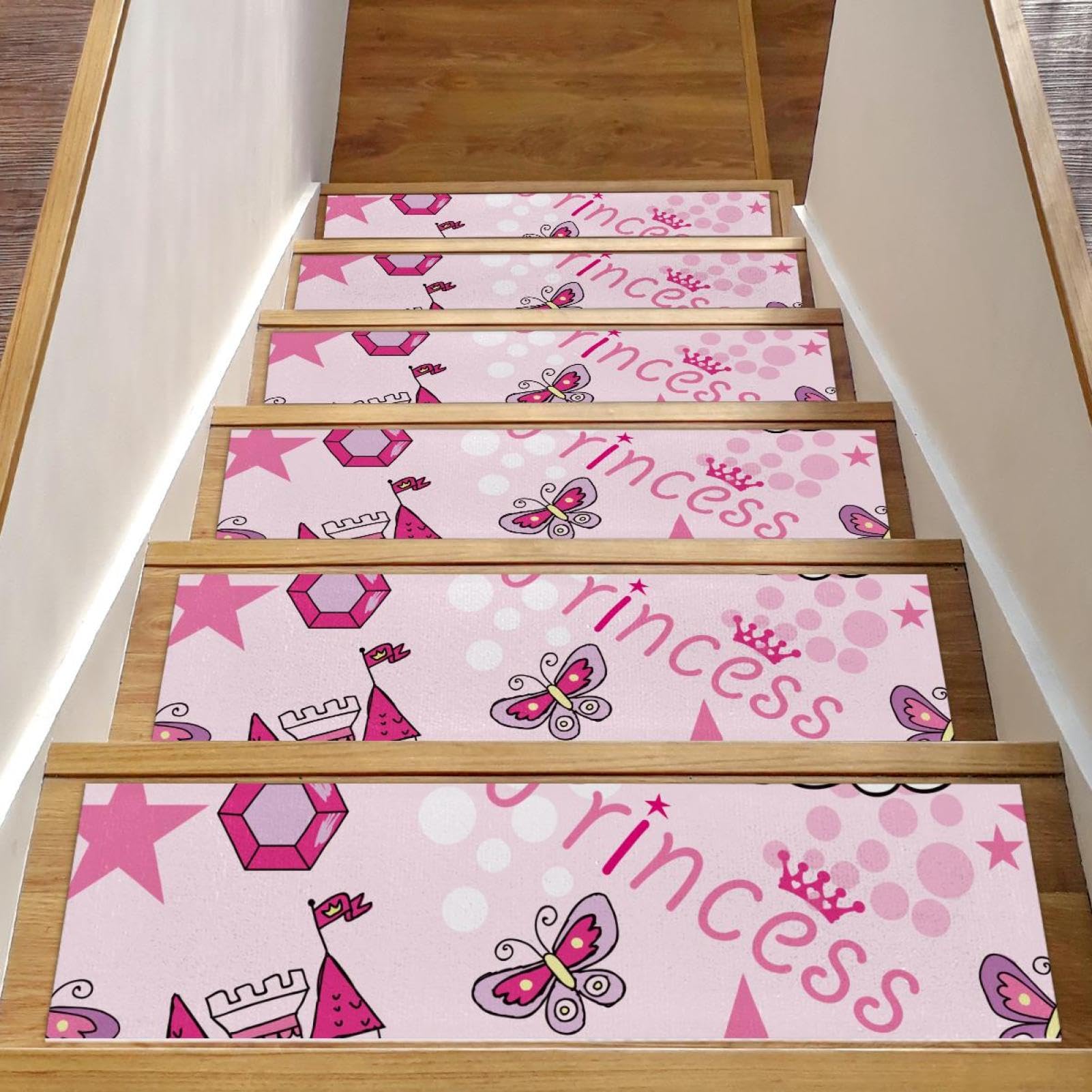 Tapis d'escalier pour enfants et chiens motif château rose féerique