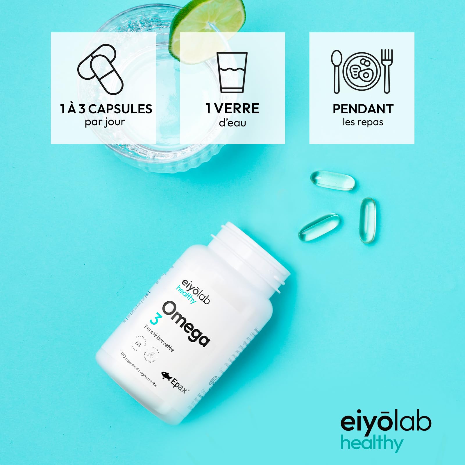 Oméga 3 EPAX® | Huile de Poissons Sauvages 2000 mg | Riche en Acides Gras 800 mg EPA + 600 mg DHA pour 2 Capsules | Huile Pure et Concentrée avec Antioxydants Naturels | 90 Capsules Molles | Eiyolab