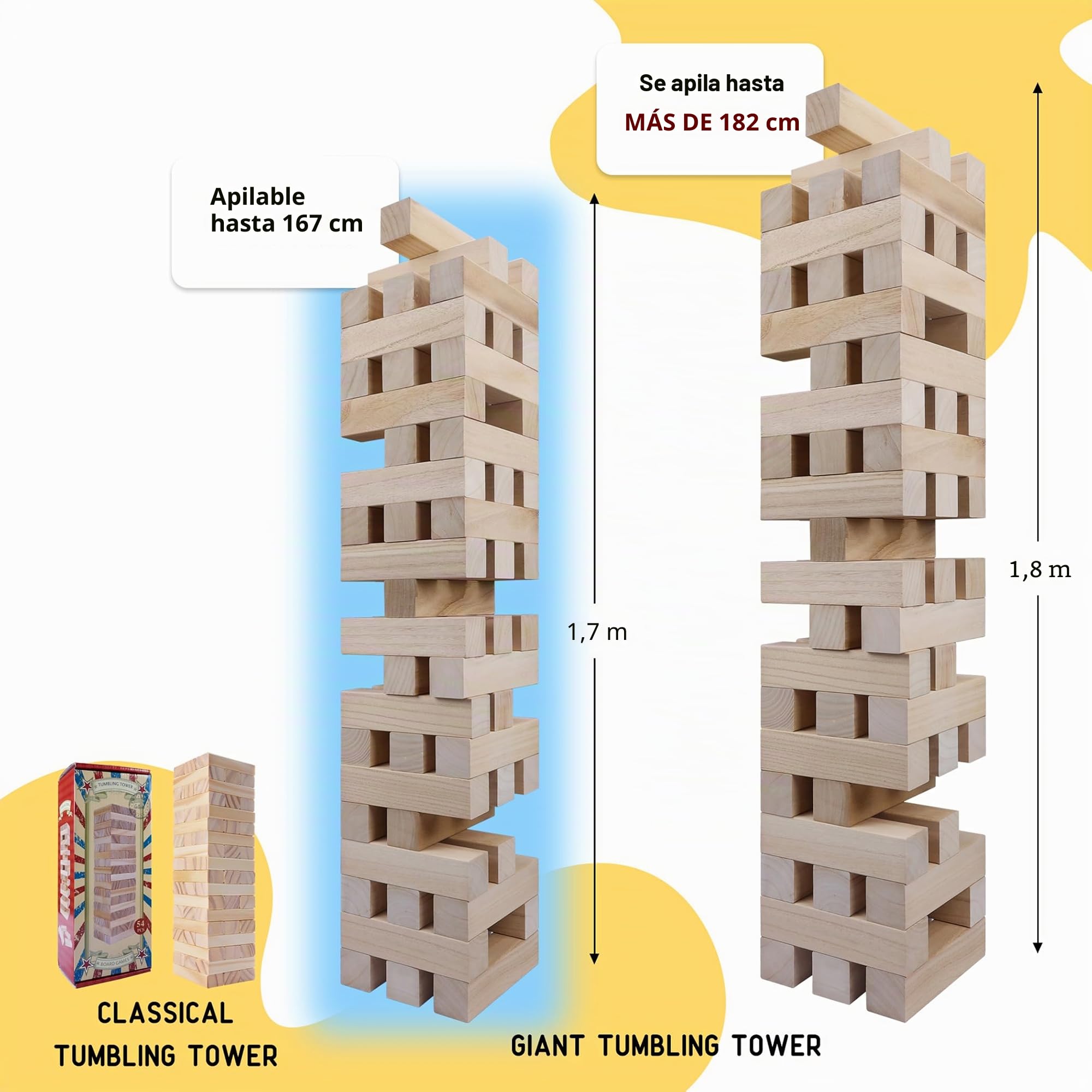 GOTHINK Torre de Madera Juego de Mesa - 51 Bloques de Madera, Apilable hasta 1.5m, Juego de Equilibrio para Niños y Adultos, Ideal para Fiestas y Familiares