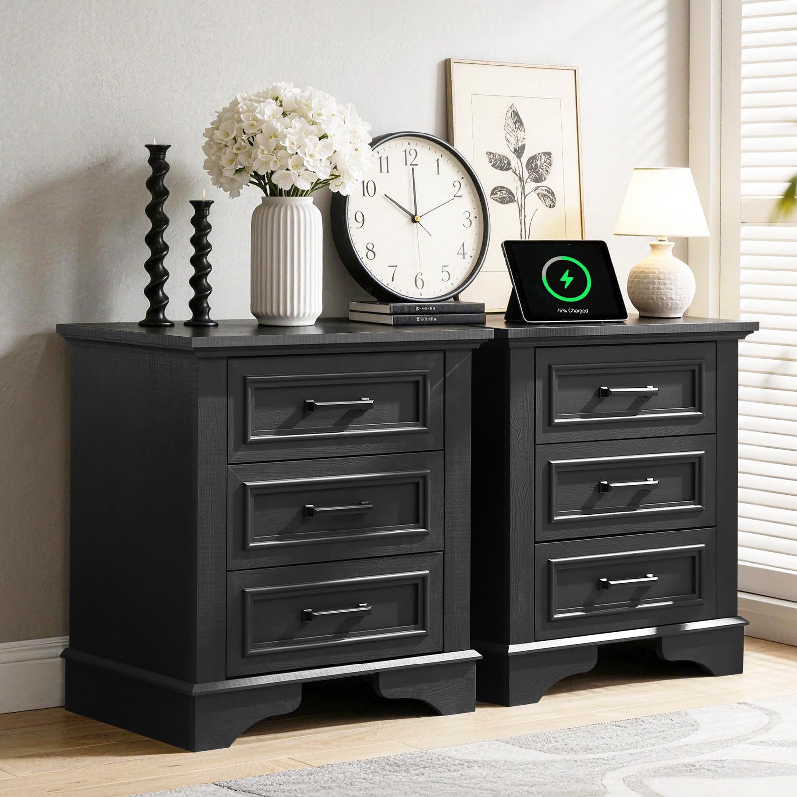 22-Inch Wide Modern Nightstands Set of 2 with Charging Station, End Tables with 3 Large Drawers, Simple Design Bedside Table for Bedroom and Office,