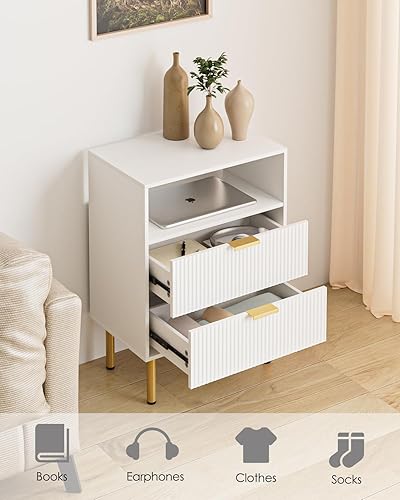 Miniatura 4 de Mesita de noche, mesita de noche de 25.7 pulgadas de alto con estante de 2 cajones, mesita de noche Morden con marco dorado, mesa auxiliar acanalada