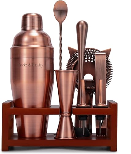 Hawke & Hanley Juego de coctelera de primera calidad, kit de camarero Juego de 10 piezas de cobre cepillado mixología con una coctelera de Martini