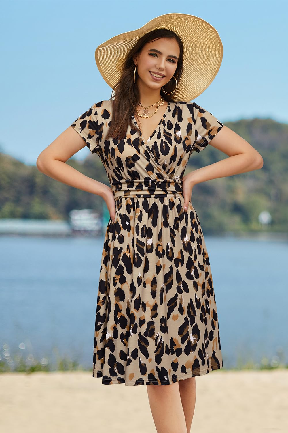 Newshows Sommerkleider Damen V-Ausschnitt Knielang Sommer Elegant Kleid Wickelkleid mit Taschen