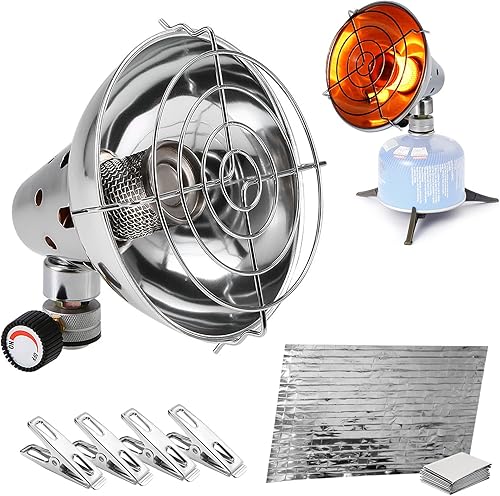 Calentador de gas portátil HUIOP con manta de emergencia y 4 clips, calentador de campamento, calentador de calefacción, estufa de calefacción, kit