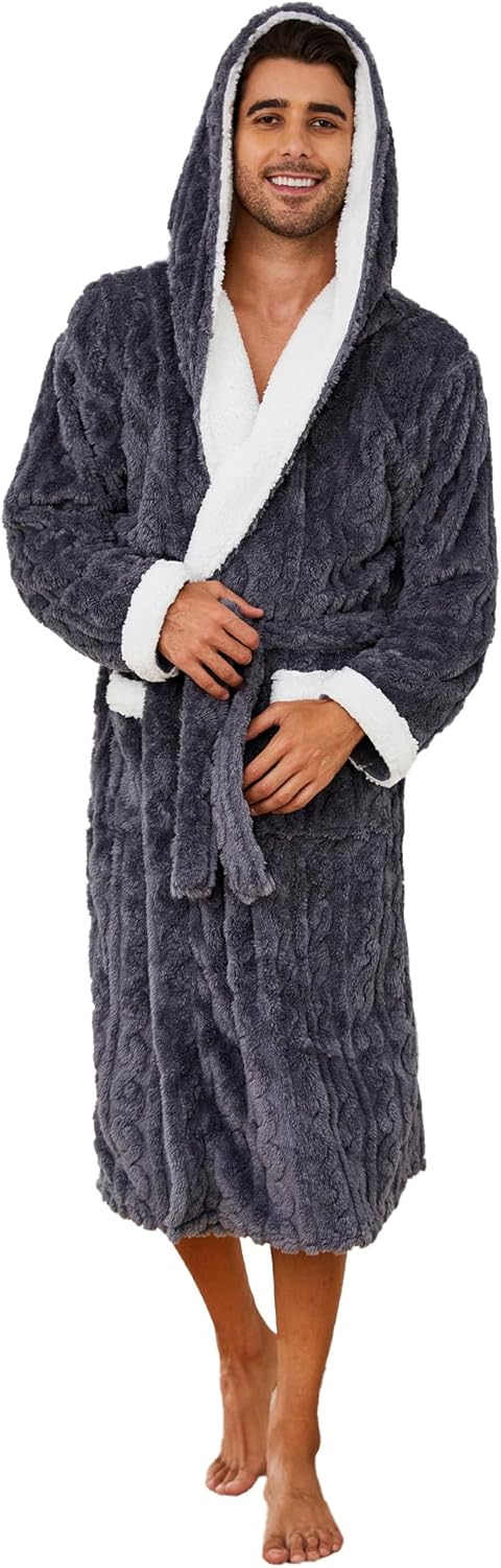 Vulcanodon Mens Robe with Hood,Full Length Plush Robe for Men Thick Fleece Bathrobe