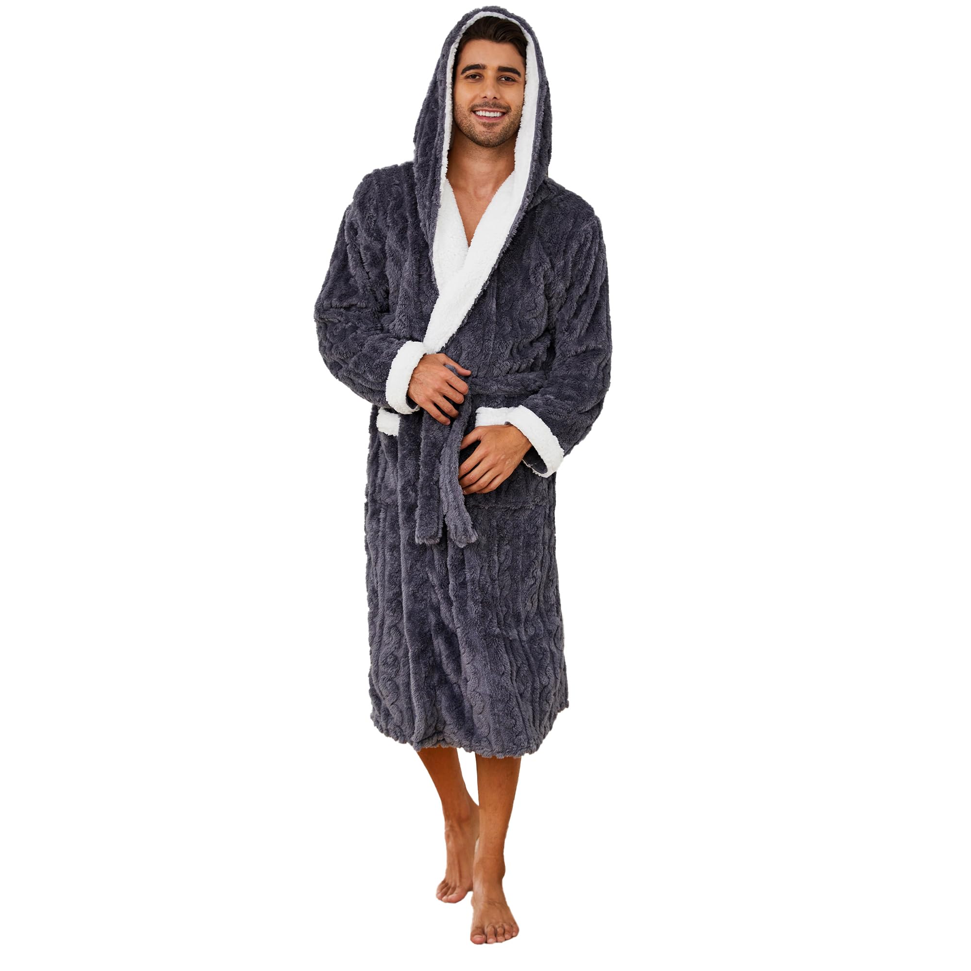 Vulcanodon Mens Robe with Hood,Full Length Plush Robe for Men Thick Fleece Bathrobe