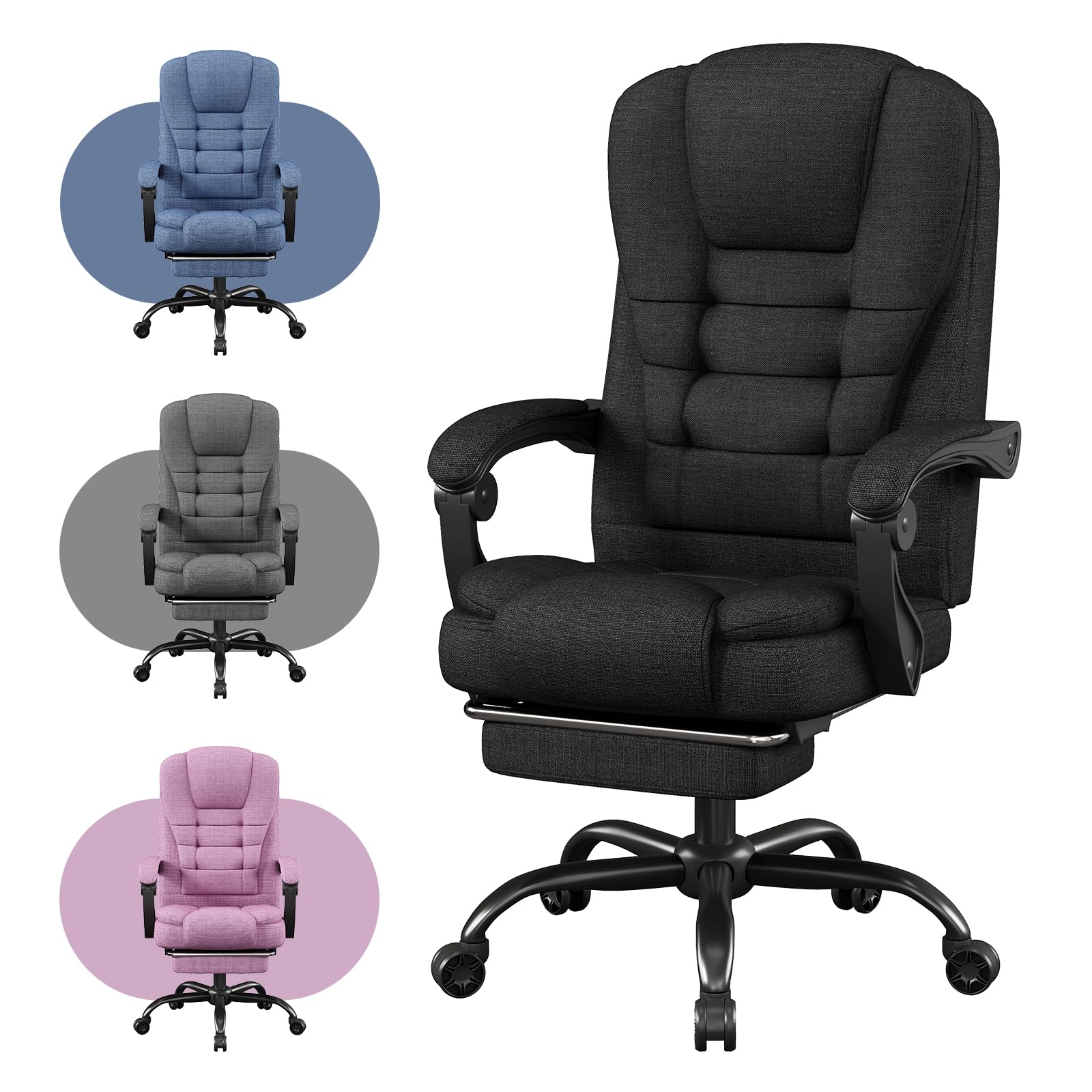 SITMOD Executive Office Chair with Footrest, Pocket Spring Fabric Desk Chair, High Back Thick Padding Computer Chair with Linkage Armrests, 90-150Β° Reclining Ergonomic Task Chair, Black