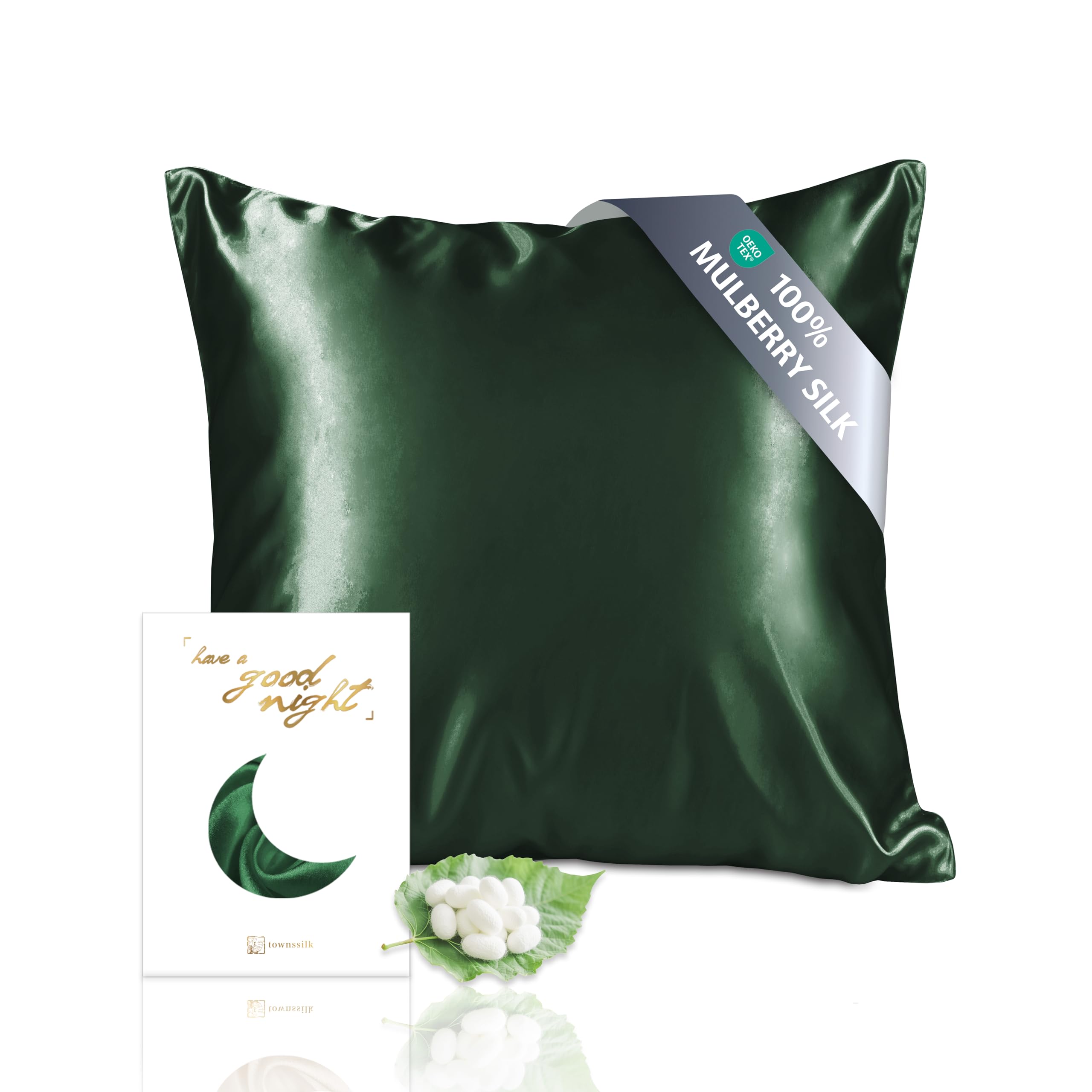 townssilk Beidseitig 100% 19mm Pure Maulbeerseide Kissenbezug für Haar und Haut Gesundheit, 1 Stück 80x80cm Größe Kissenbezug mit verstecktem Reißverschluss 600 Fadenzahl Emerald
