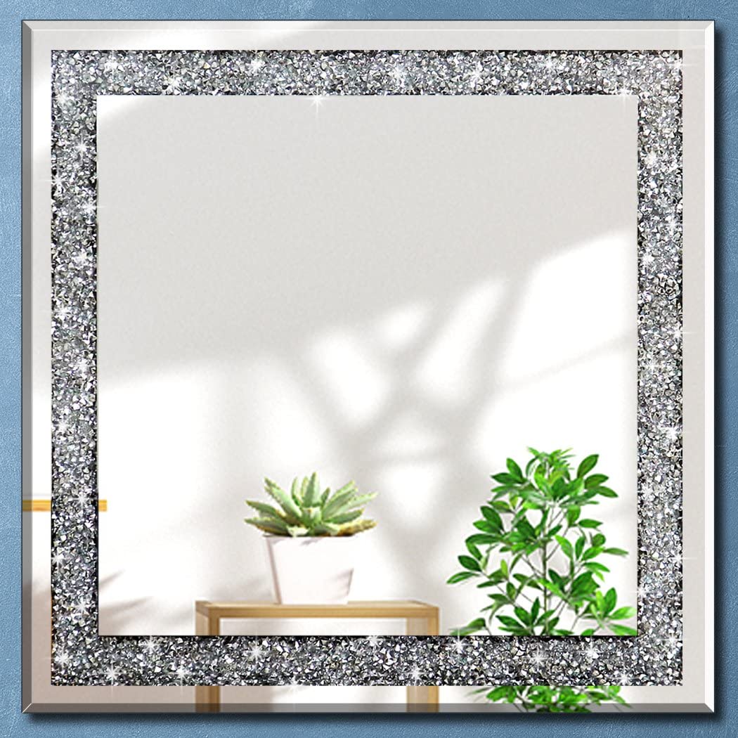 Crystal Crush Diamond Square Silver Mirror for Wall Decoration 23.5x23.5x1 inch Wall Hang Frame Less Mirror Glass Diamond Décor