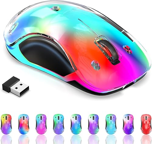 memzuoix Mouse inalámbrico de 2.4G con cubierta personalizable y LED de 9 colores, ergonómico recargable, 1200 DPI, 5 botones, receptor USB para