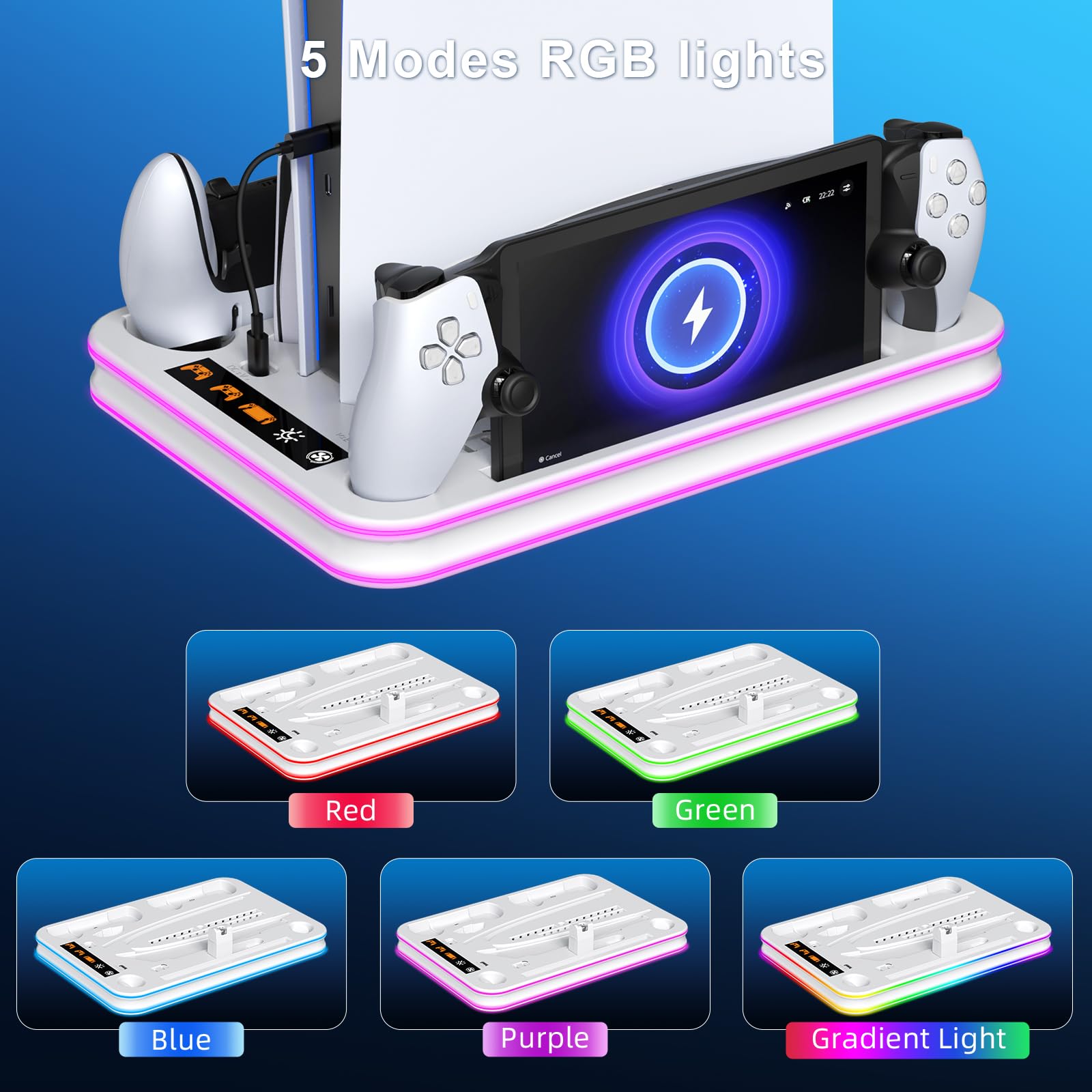 FYOUNG Supporto di raffreddamento e stazione di ricarica tutto in uno per console PS5/Slim/Pro e controller, dock di ricarica per PlayStation Portal, auricolare e supporto remoto con supporto luce RGB