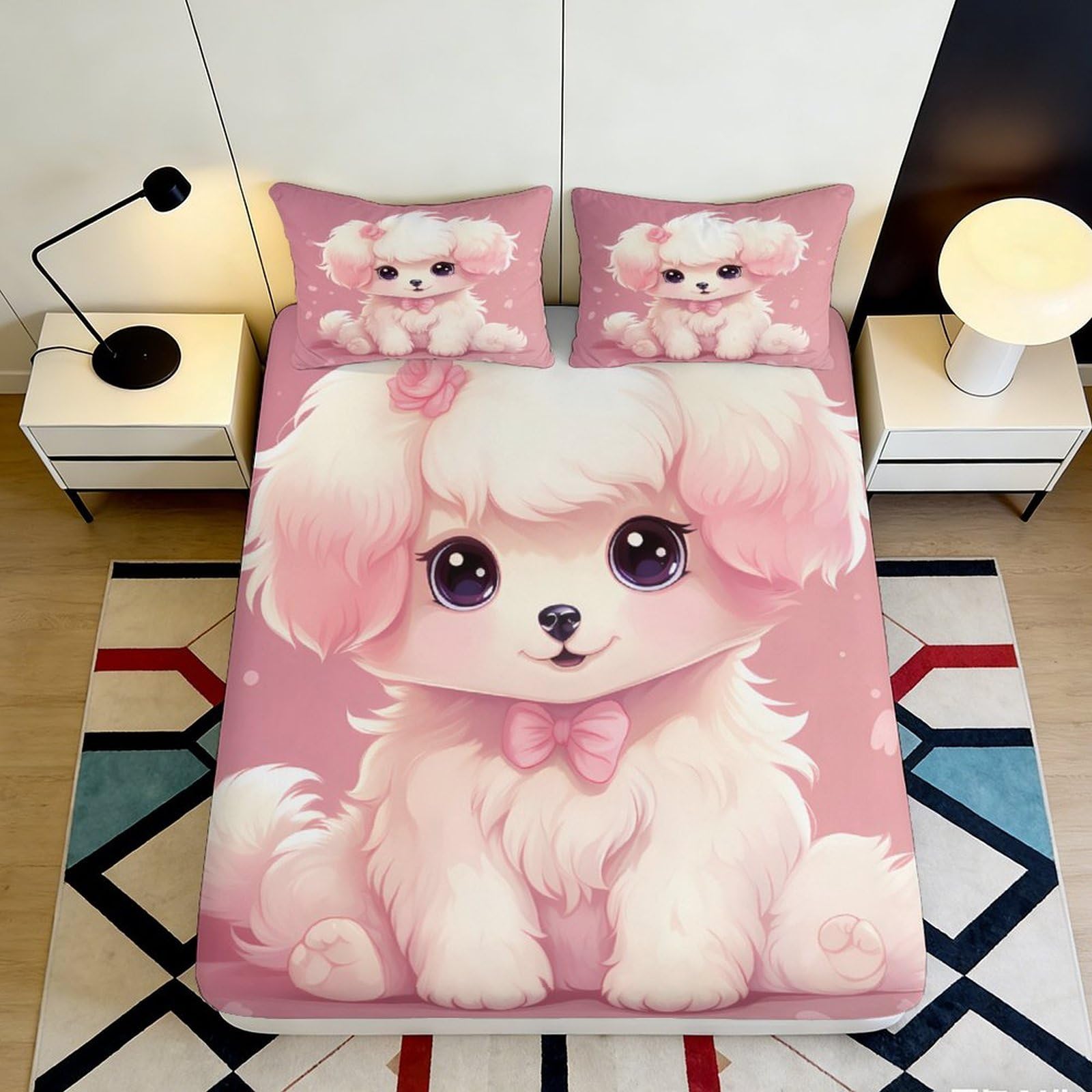 3D Printed Cute Pink Poodle Fitted Sheet, Microfiber Soft Touch, Anti-Slip, Bedroom Decor, Bed Sheet for Home or Guest Room Bedding, Easy Care, Dustproof, 118 chars 90x200x25cm