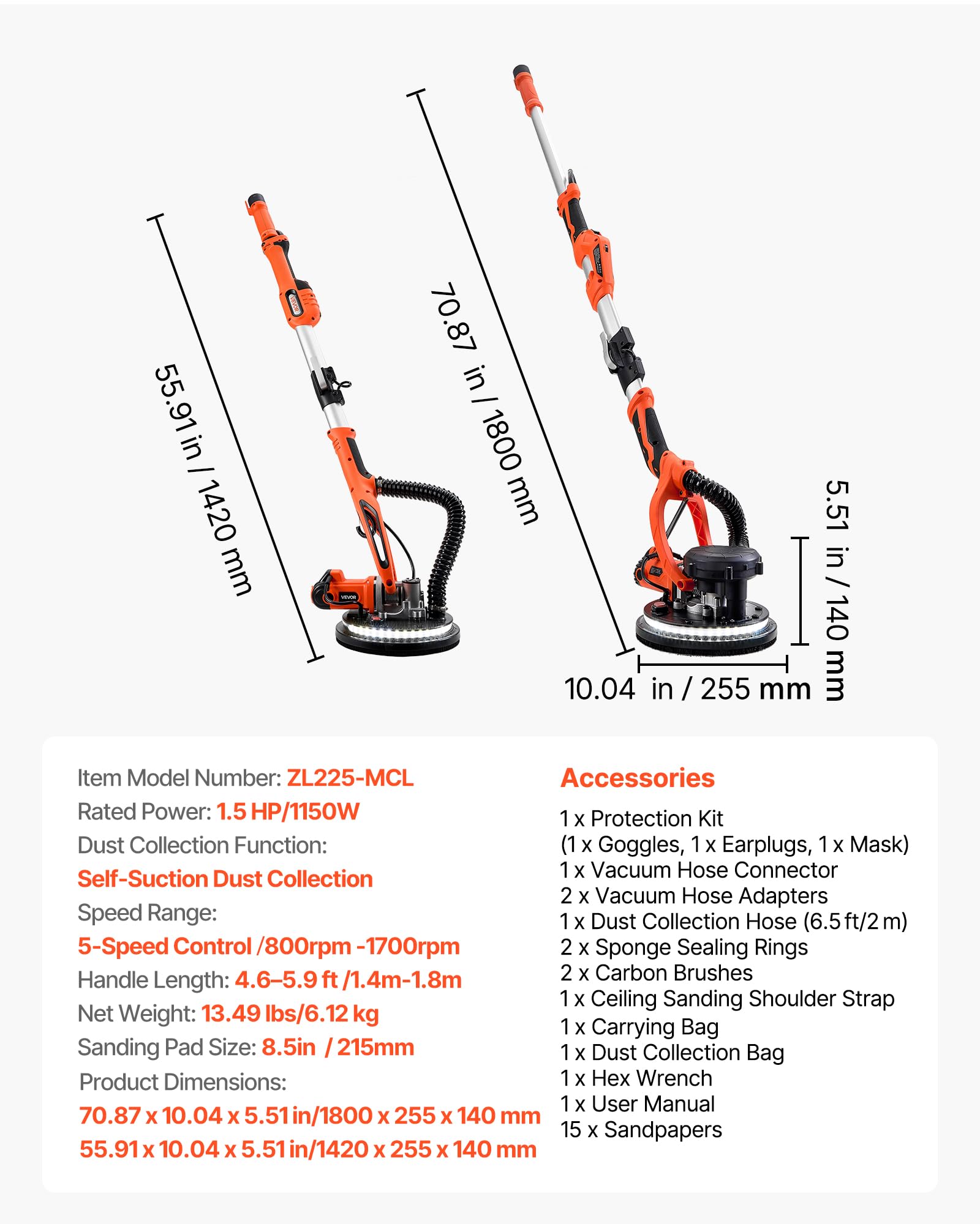 VEVOR Lijadora de Pared y Techo 1150W, Lijadora Jirafa, 5 Velocidades 800-1700 RPM, Tubo Telescópico 1,4-1,8 m, Aspiradora LED Integrados, 15 Hojas de Papel de Lija, Pulidora para Pared de Yeso Gotelé