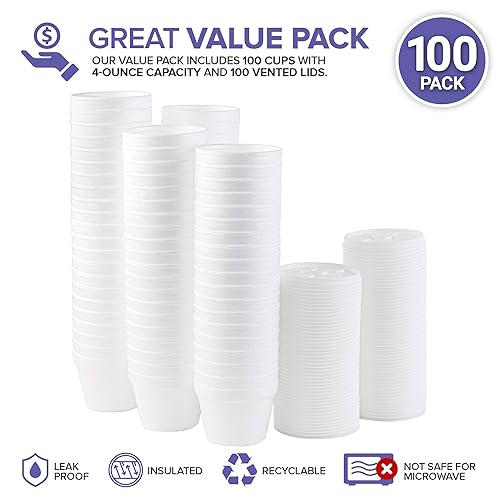 Miniatura 2 de Stock Your Home Cuencos de espuma de 4 onzas con tapas (100 unidades) – Vasos aislados para llevar, recipientes para sopa, avena, helado - Para