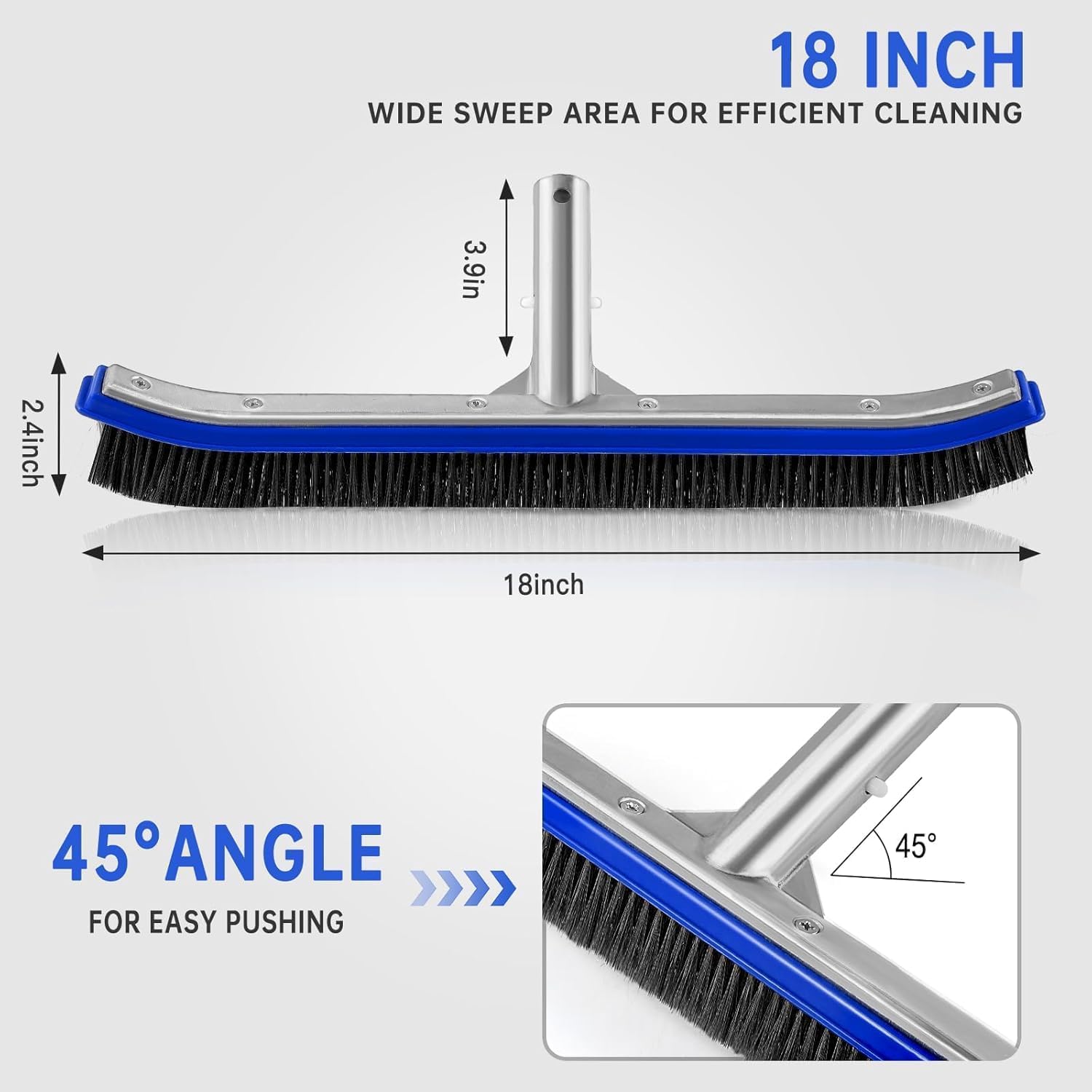 Pool Brush Head | 18" Heavy Duty Floor Brush | Stainless Steel Brush | Metal Pool Scrubber Brush | Wire Bristles & Aluminium Back for Sweep Calcium Buildup, Rust Stains on Concrete