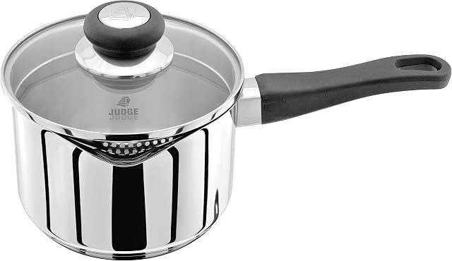 Judge Vista Draining J305A Stainless Steel Large Saucepan with Pouring Lip 16cm 1.5L, Shatterproof Glass Strain & Pour Lid, Induction Ready, Oven Safe, 25 Year Guarantee