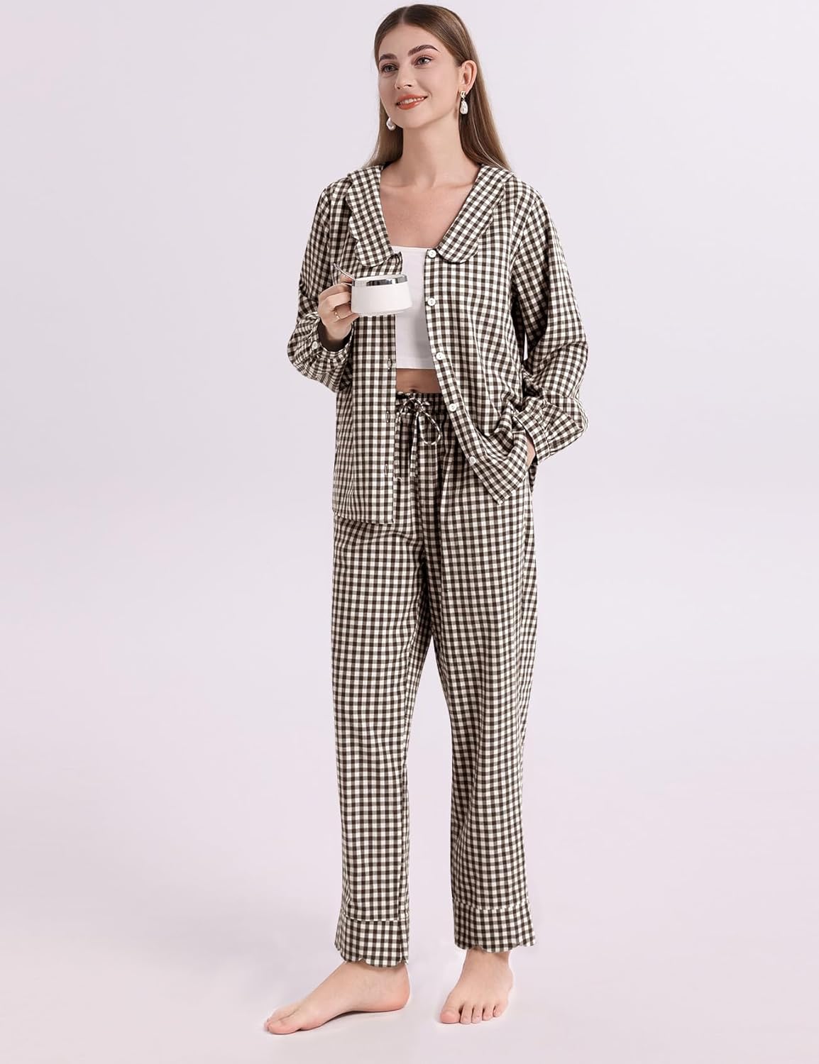 COZYPOIN Womens Gingham Pajama Sets Scalloped Collar Cotton Plaid Button Down Long Sleeve Shirt and Pants Y2K Lounge Set - Image 3