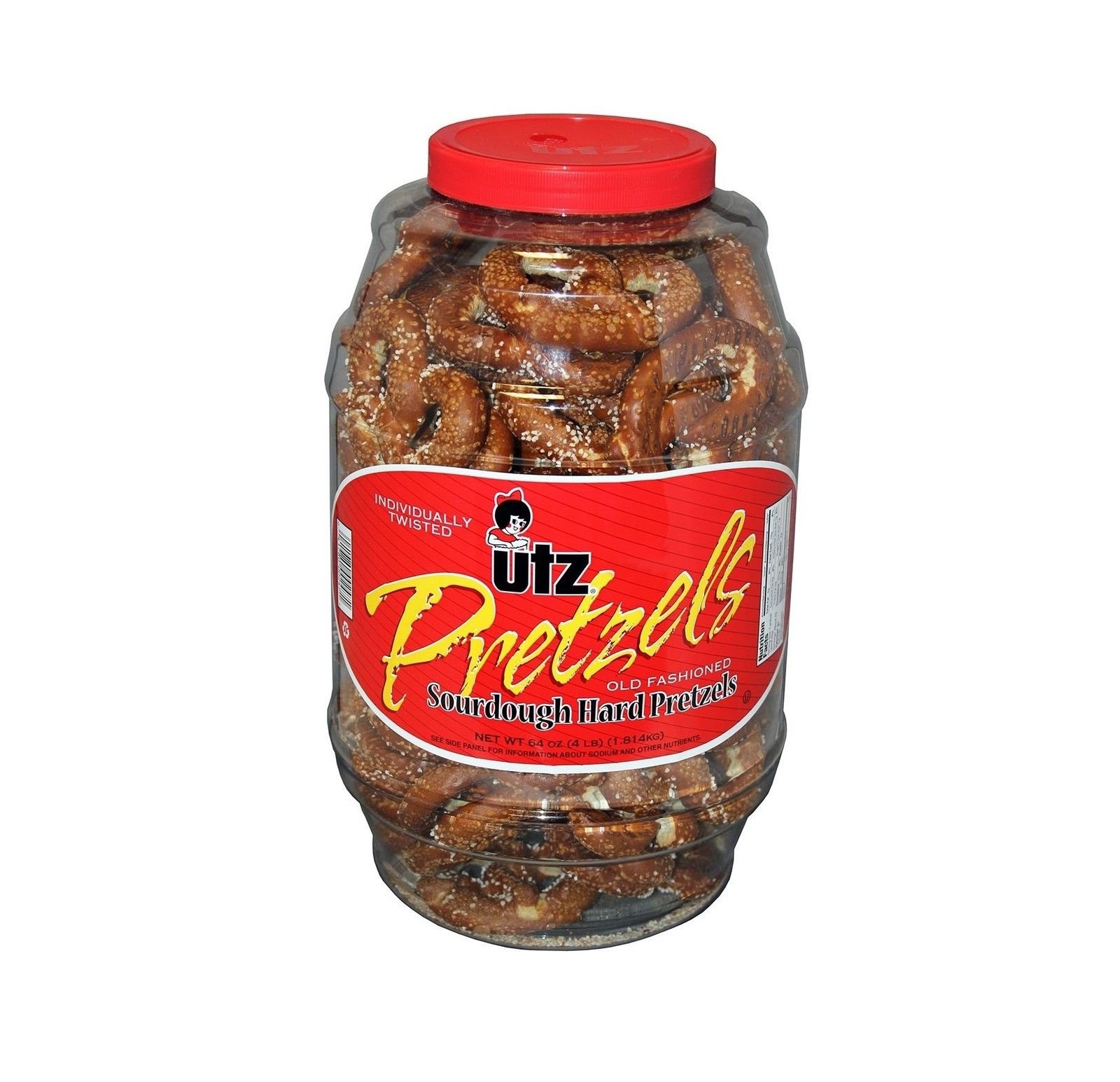 UTZ Old Fashioned Broken Sourdough Hards Pretzels – 64 oz Barrel – Big and Thick Classic Pretzel Knot Twist, Crunchy Sourdough Pretzel with Zero Cholesterol, 4 Pound (Pack of 1)