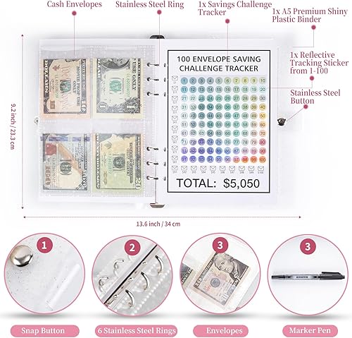 Miniatura 5 de 100 sobres desafío de ahorro de dinero, carpeta de desafío de 100 sobres, carpeta de ahorro de dinero, libro de presupuesto con sobres de efectivo