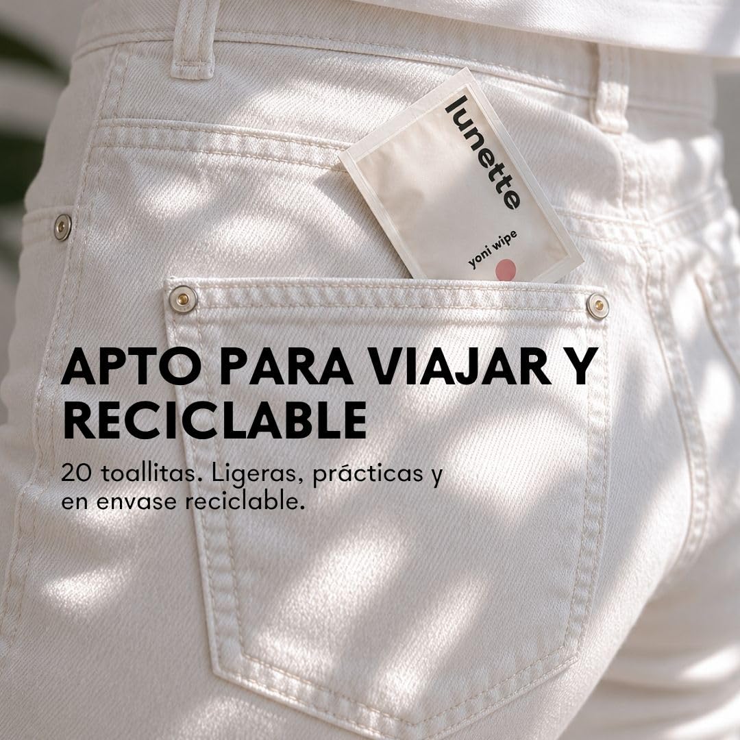 Lunette Toallitas Íntimas Yoni con pH Equilibrado, 20 uds | Para piel Sensible, Sin Perfume, Envueltas Individualmente, Veganas, Tamaño de Viaje, Compostables, Fabricadas en Finlandia