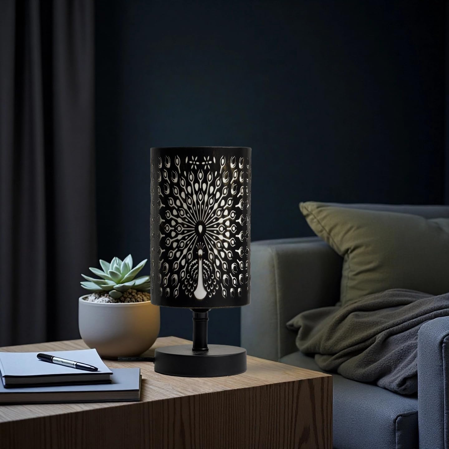 Peacock Style Bedside Lamp Black Metal Table Lamp Bedside Decorative Nightstand Lamp for Bedroom Living Room,Dining Room,Kitchen Outdoor Patio, Peacock Hollow Lampshade Lighting,Home Decor
