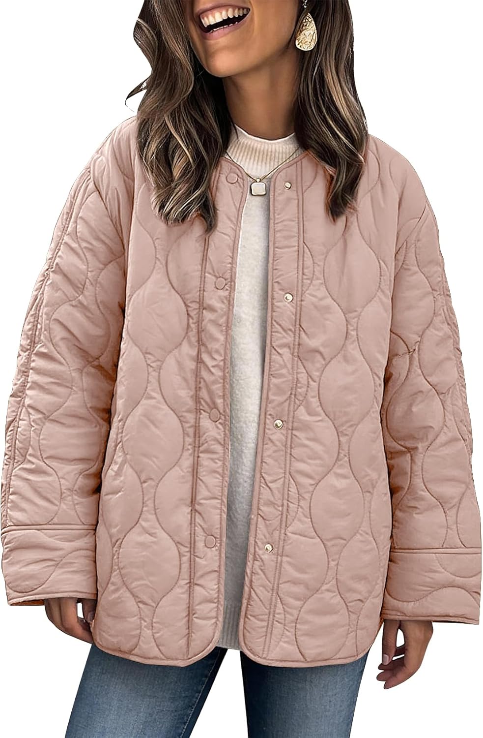 PEHMEA Women's Oversized Lightweight Quilted Jacket Button Down Fall Winter Coats Puffer Padded with Pockets