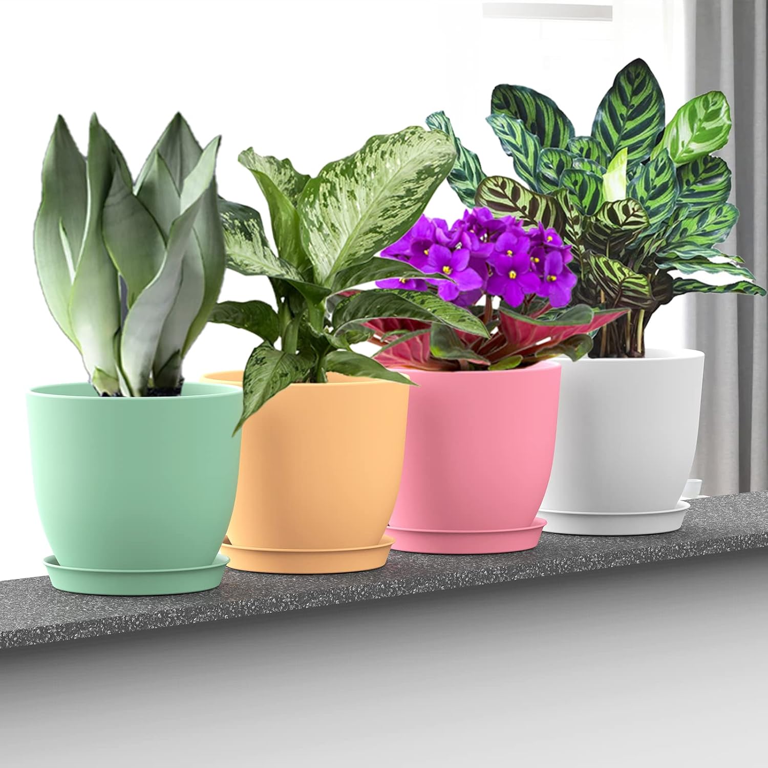 SwinDuck 6 Inch Plant Pots, 12 Pack Plastic Planters Modern Flower Pot with Drainage Holes and Saucers for All House Plants, Herbs, Flowers and Seeding Nursery, Colorful