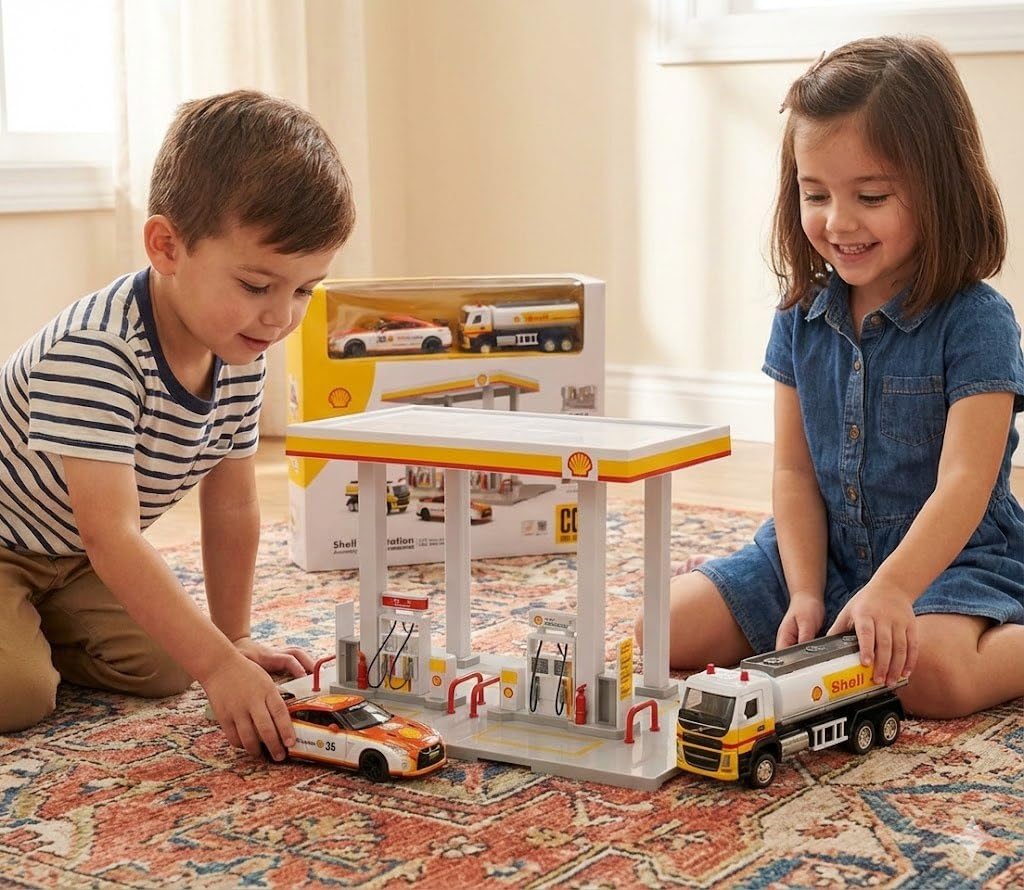 Tiudtoy CCA Shell Gas Station Playset – 1:72 Oil Tanker Truck & 1