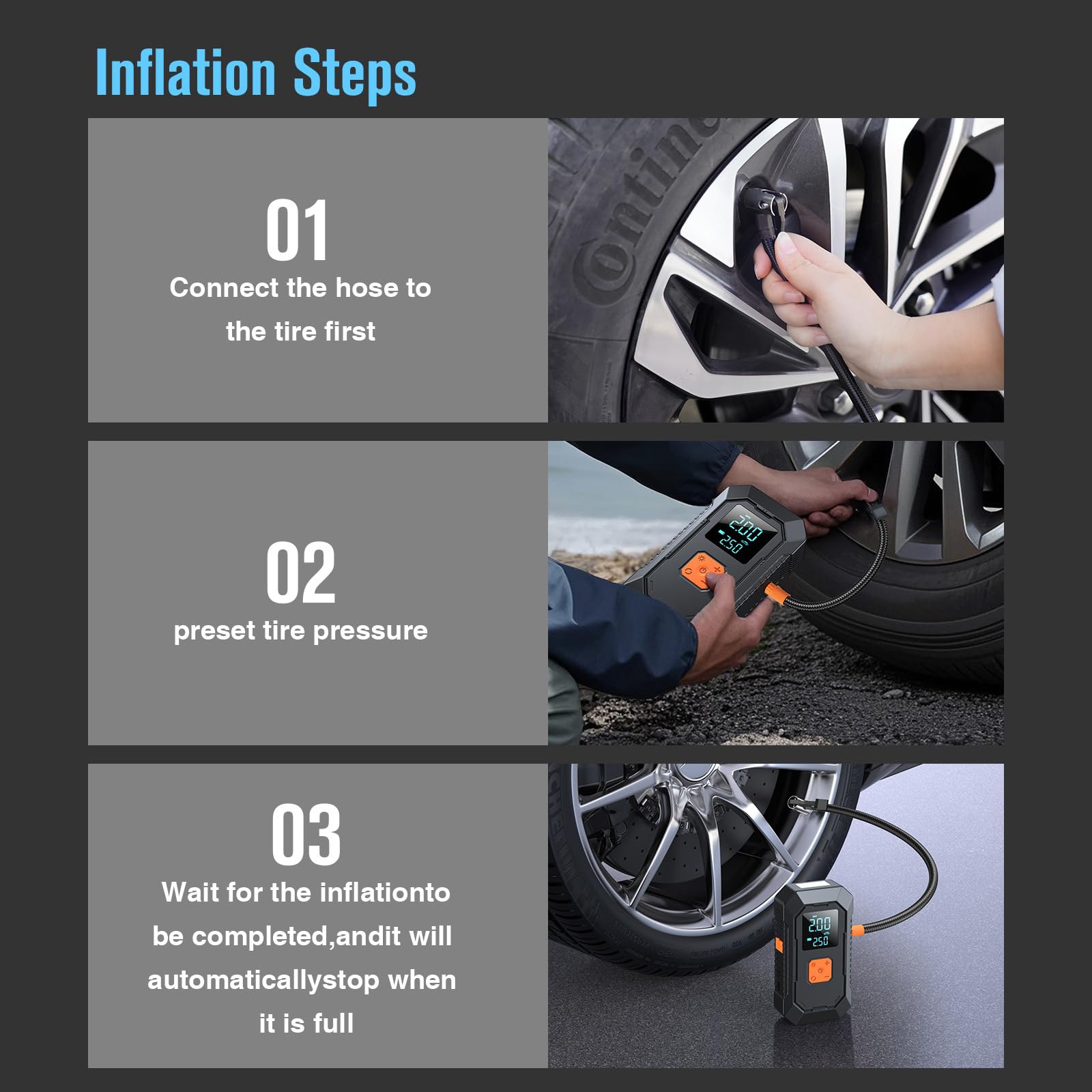 Compresor de Aire 2 en 1 y Adaptador de Corriente para inflar neumáticos de Bicicleta y, con luz Led, Recargable por USB C, Bola para Bicicleta y Motocicleta