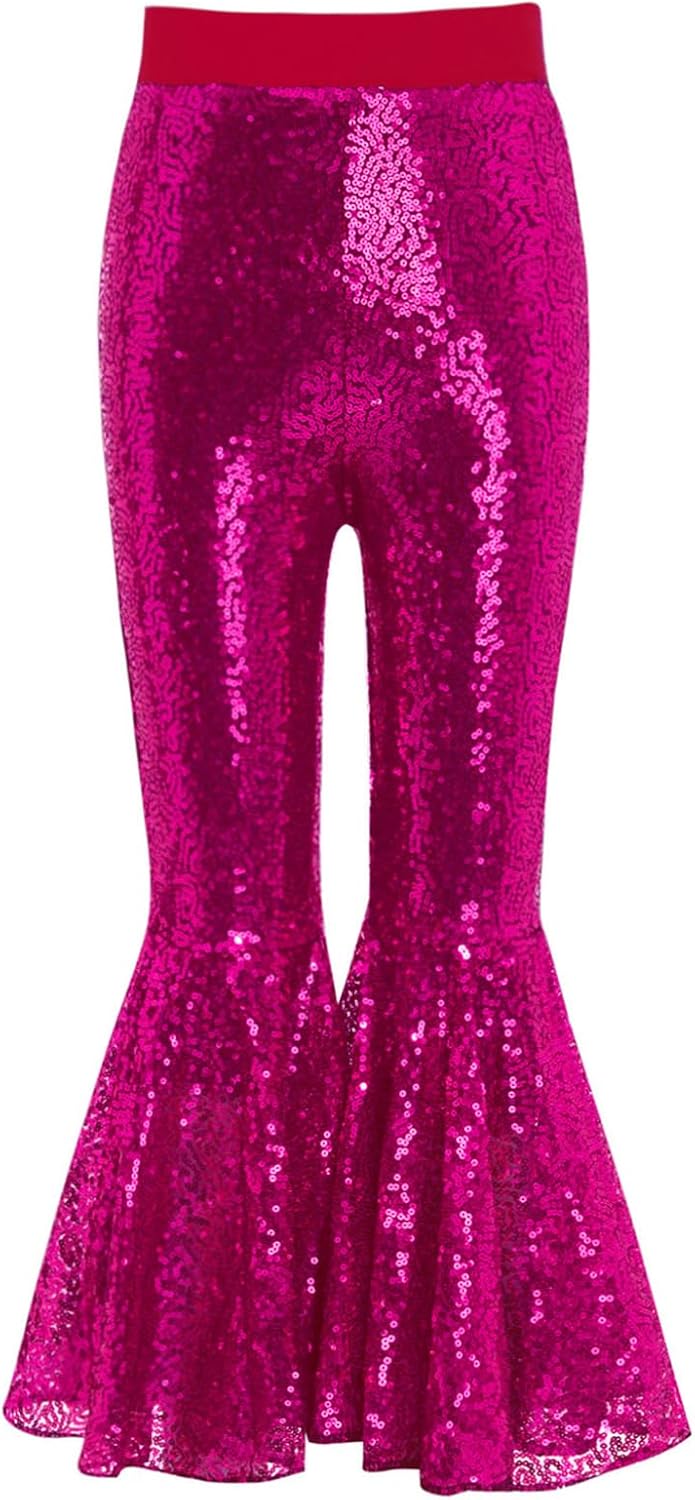 YiZYiF Girl's Glitter Dance Bell Bottoms Sparkly Leggings High Waisted Halloween Trousers Sequin Flare Pants