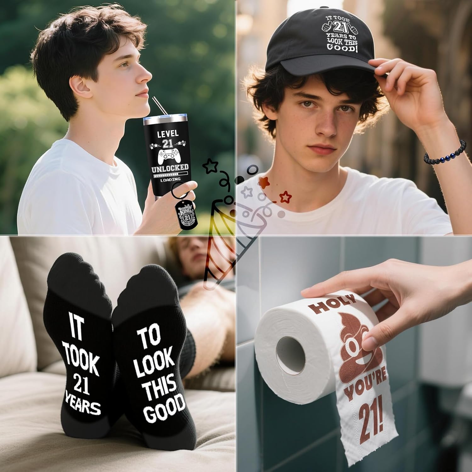 9 Pcs Happy 21st Birthday Gifts for Boys, 21 Year Old Boy Birthday Gifts with 20 Oz Tumbler, Funny Socks, Toilet Paper, Bracelet, Baseball Cap, Keychain for Son, Nephew, Grandson, Brother - Image 6