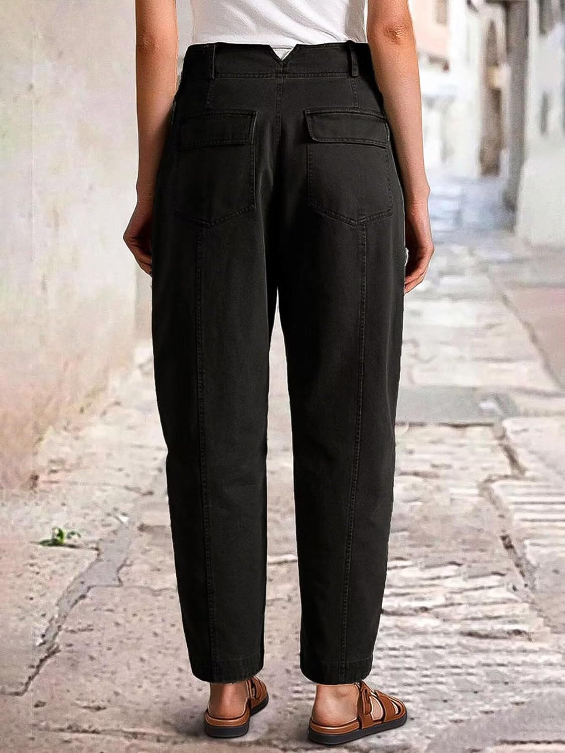 Flamingals Women’s Mid Waist Crop Pants Carrot Straight Leg Casual Fashion Trendy Stitch Detail Pants