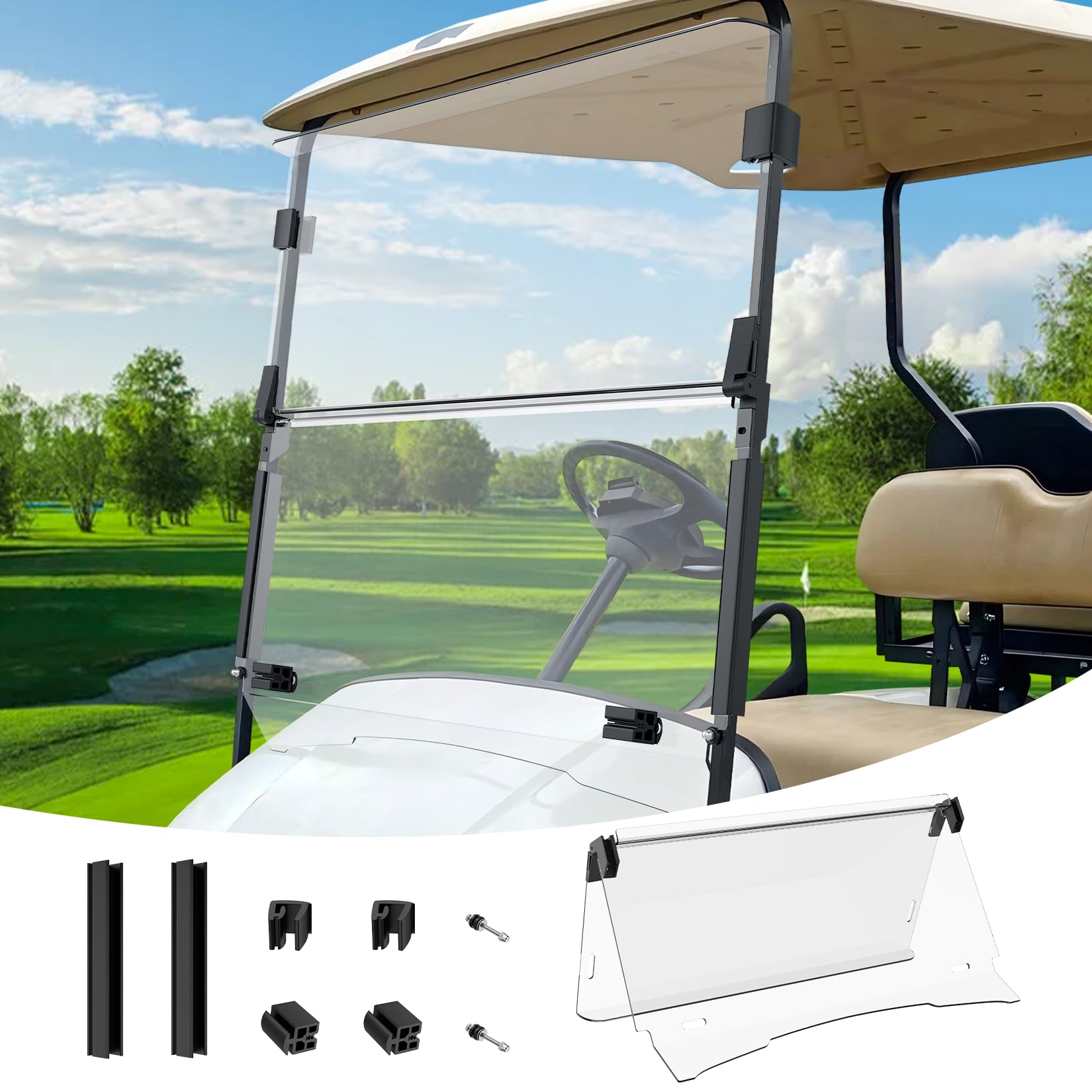 Drive-up Golf Cart Windshield, EZGO Golf Cart Windshield Compatible with TXT, DCS, PDS 1995-2013 Gas and Electric Golf Carts, Clear Down Windshield Foldable Anti-UV Protection and Impact Resistant