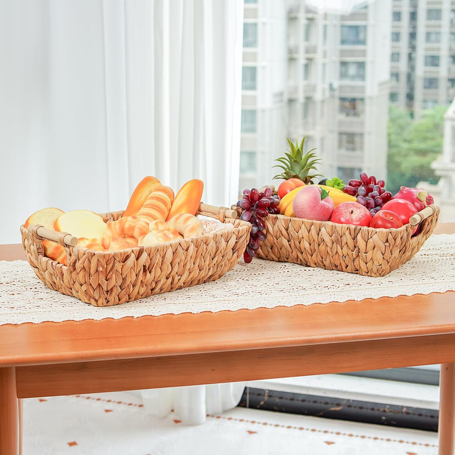 Wicker Storage Baskets with Wooden Handles, Hand-Woven Water Hyacinth Storage Organizers for Throw Blankets, Bedroom, Living Room, Laundry(2 Pack) - Image 8