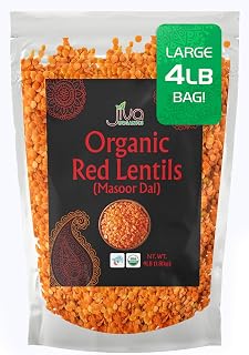 Jiva Organics Organic Split Red Lentils Masoor Dal 4lb Bag - Non-GMO Vegan Protein Source Certified Organic