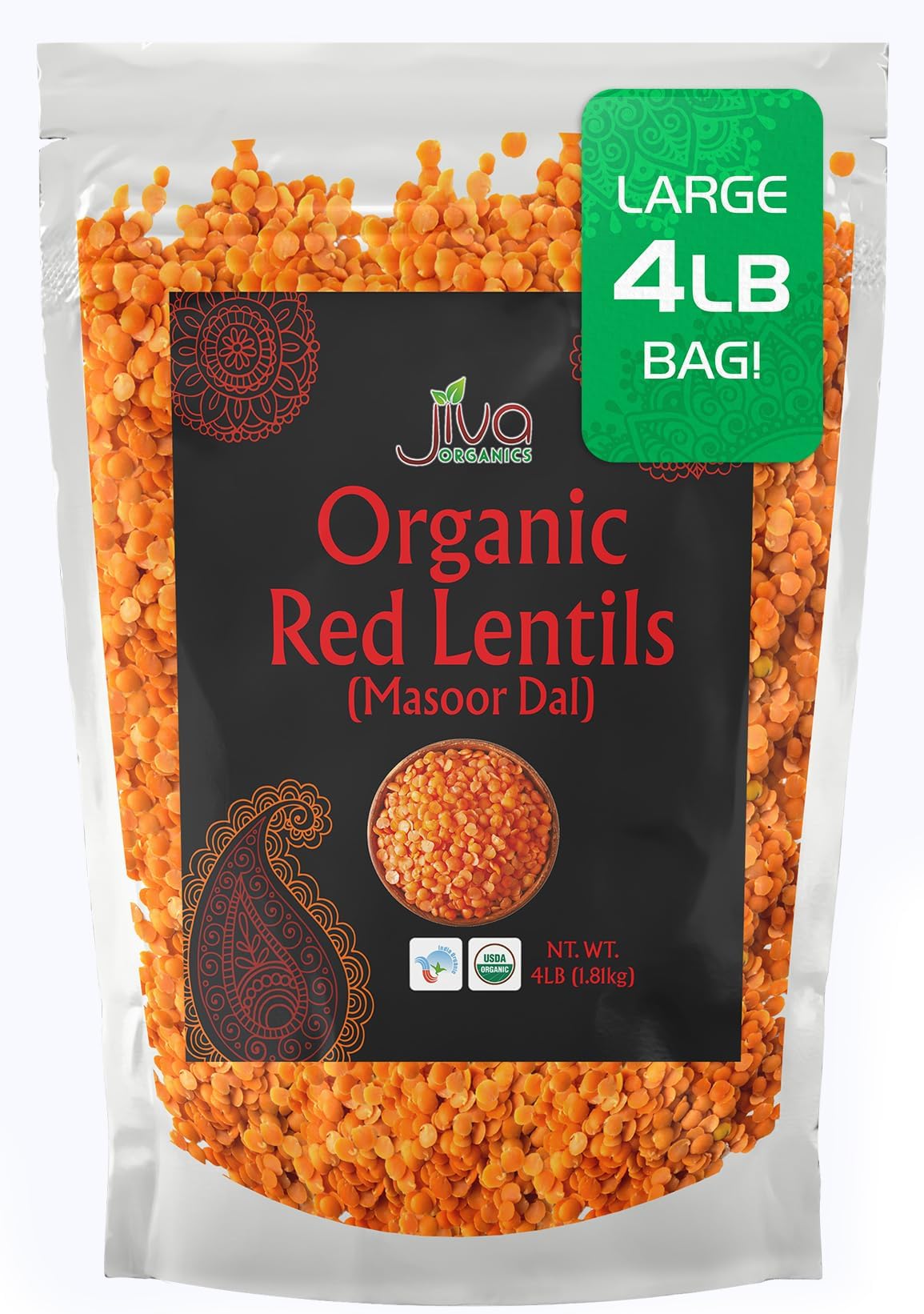 Jiva Organics Organic Red Lentils Split 4 LB LARGE Bag - Masoor Dal - Non-GMO, Vegan, Non-Irradiated