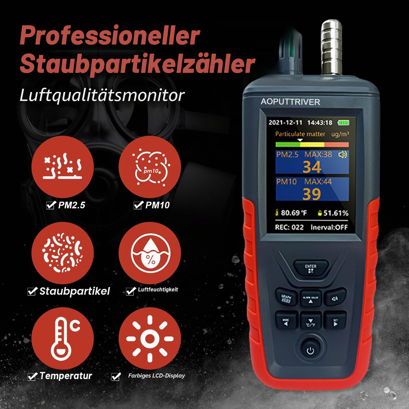 Luftqualitätsmonitor, CO2 Messgerät, Partikelzähler Home Air Quality Tester mit 6-Kanal PM0.3/0.5/1.0/2.5/5/10 Um Detect w/Luftfeuchtigkeit, Temperatur, Datenübertragung/Speicherung