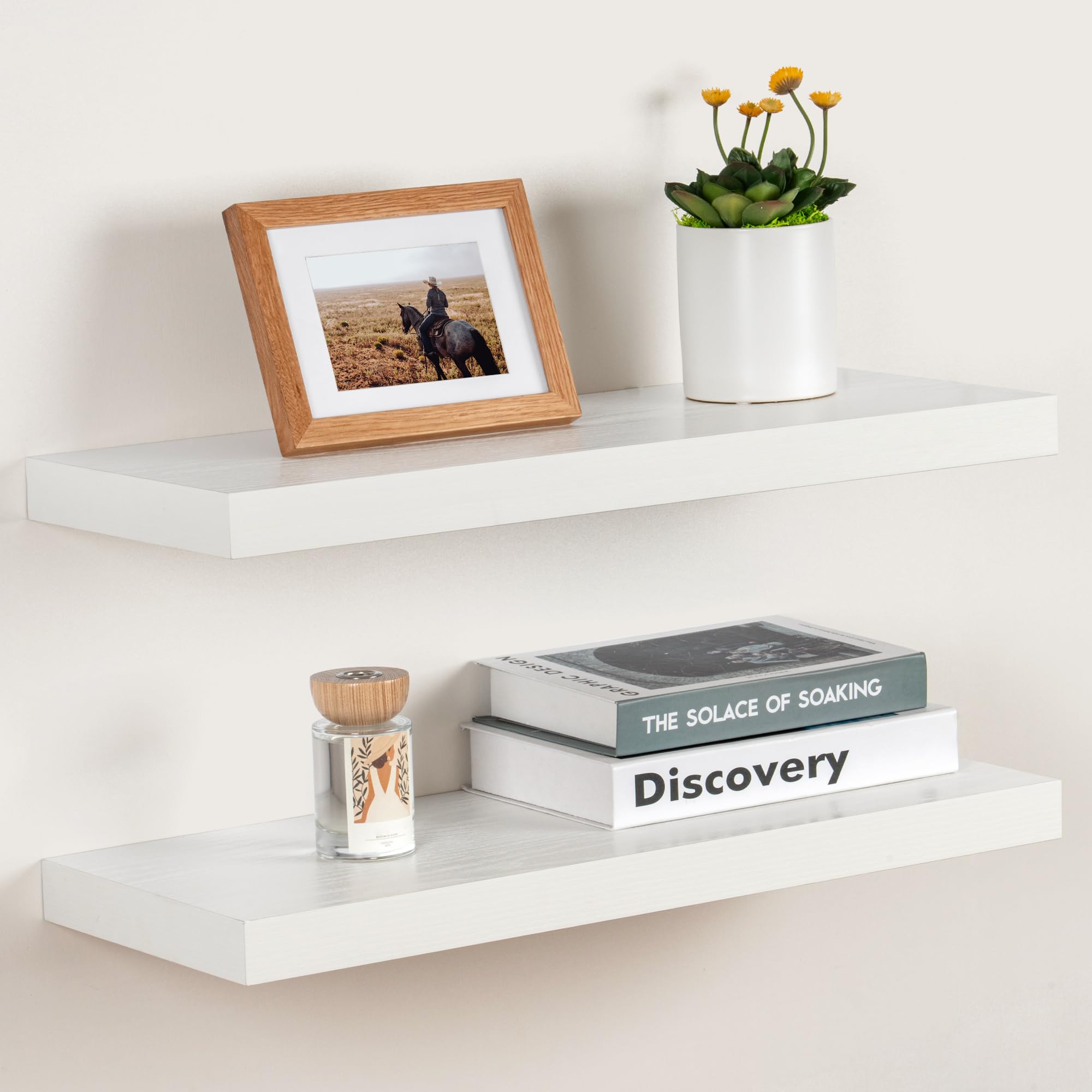 White Floating Shelves 24 x 9.3, Deep Wall Shelf for Bathroom, 9.3 Inch Deep Shelves, Rustic 24 inch Floating Shelves Set of 2, Large Display & Storage Shelves for Bedroom, Living Room, Laundry Room