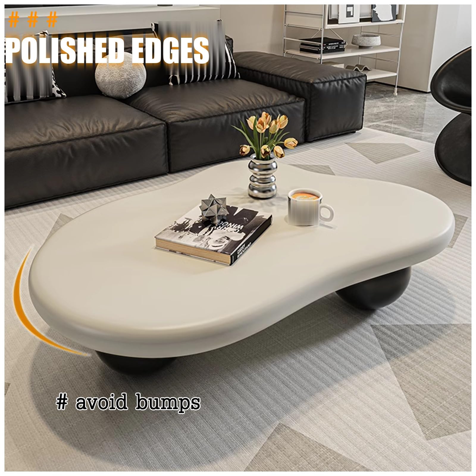 Table Basse en Forme De Nuage, Tables Basses pour Salon, Table Basse Unique, avec 3 Pieds en Boule, Table D'appoint Ovale Moderne, pour Salon, Chambre À Coucher(Nero,120cm)