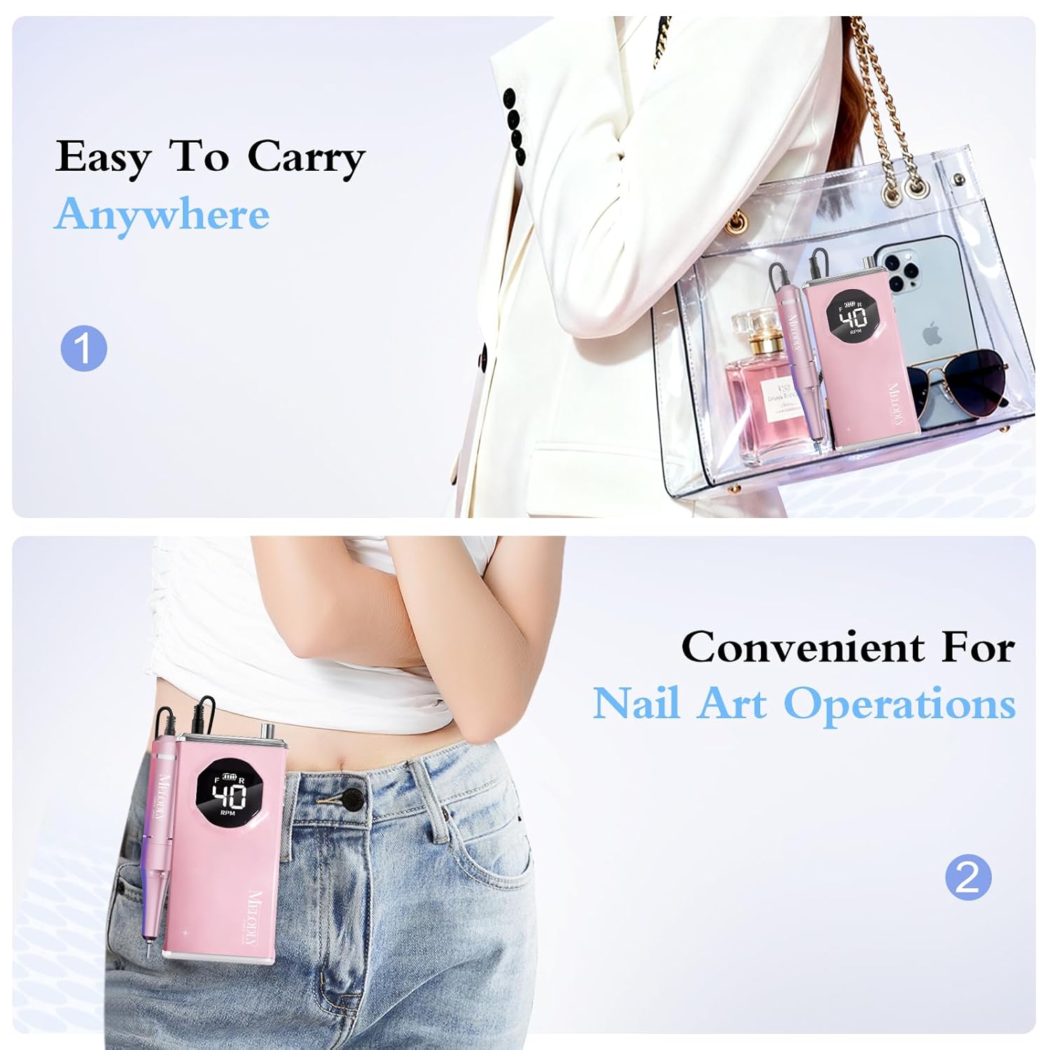 Electric Nail Drill File Professional 40000 RPM, Melodly Rechargeable Electric Nail File Machine Kit for Acrylic Gel Nails Polishing Removing, Portable Cordless Efile with Gold Bits Kit at Salon Home - Image 8