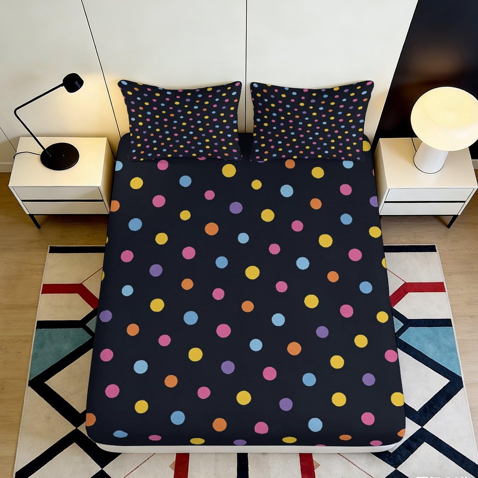 3D Printed Polka Dot Fitted Sheet Microfiber Soft Multicolor Dots Bed Cover Non Slip Mattress Protector for Bedroom Dorm Decor 160x200x25cm