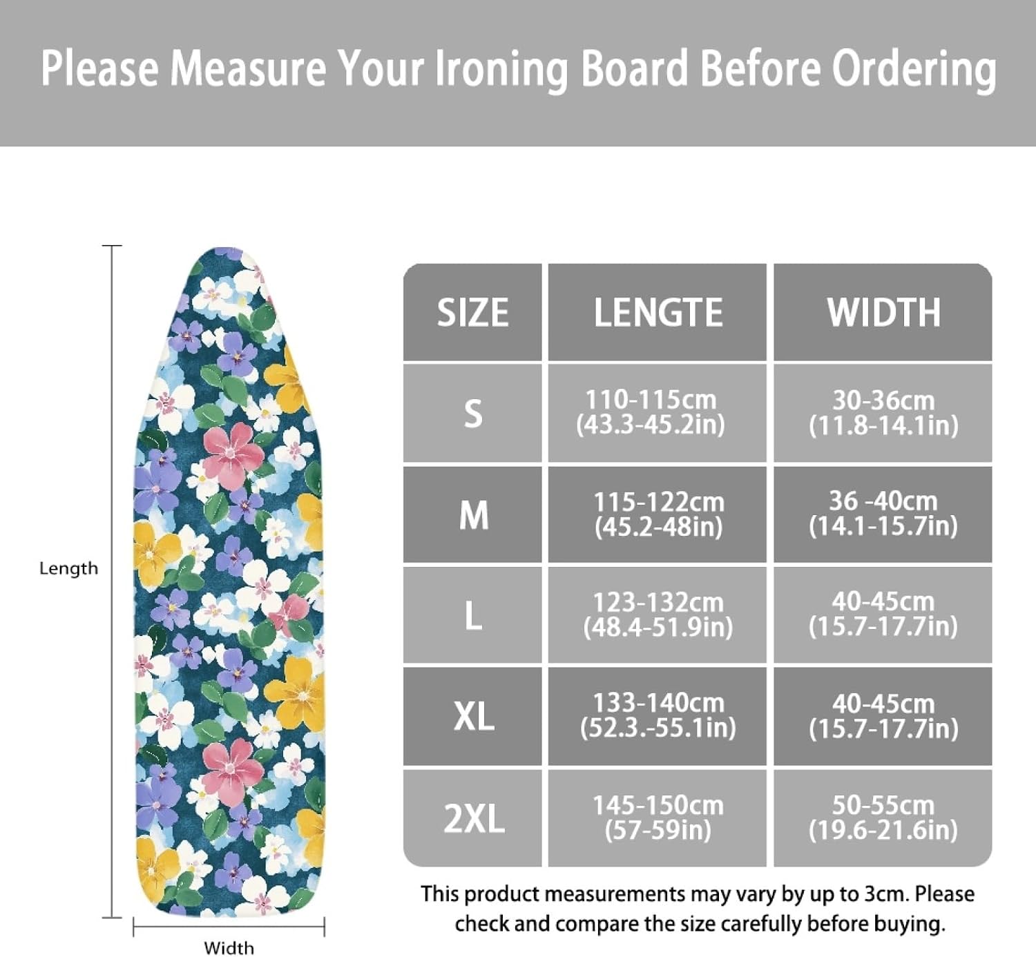 Ironing Board Cover 14x48 Purple Flower Yellow Iron Board Cover with Padding Heat Reflective,Scorch Resistant Thick Padding,Snug Fit Non-Slip Nose Pocket Fastener Straps Elastic Edges