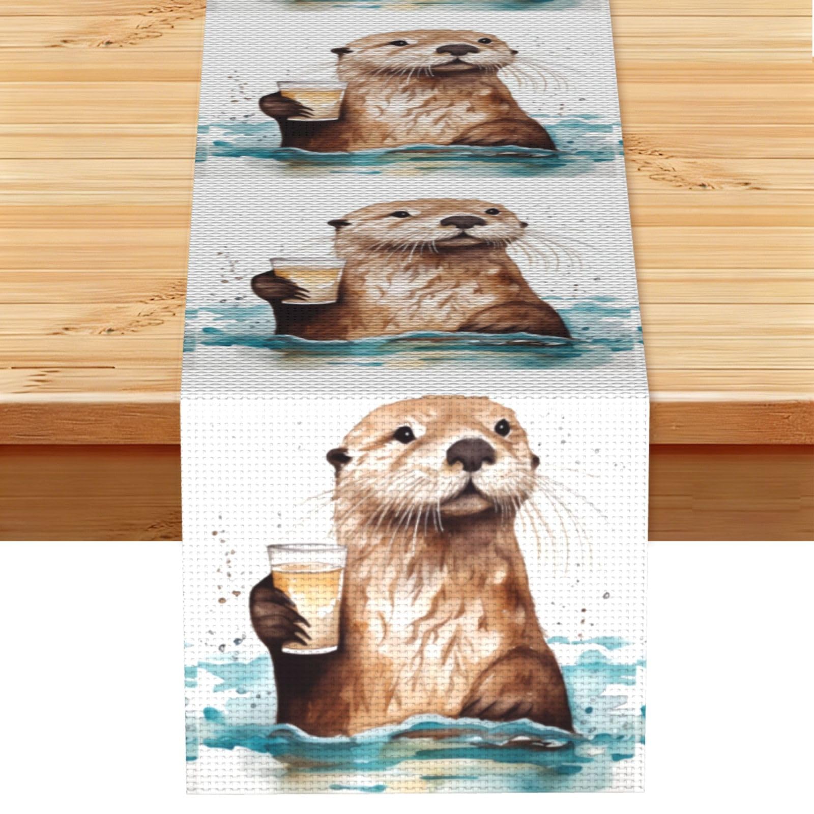 Sea Otter Table Runner 13 x 72 Inches Long, Cotton Linen Table Runners for Kitchen Dining Table Decoration - Washable Tablecloth Modern Tablerunner for Home Party Decor